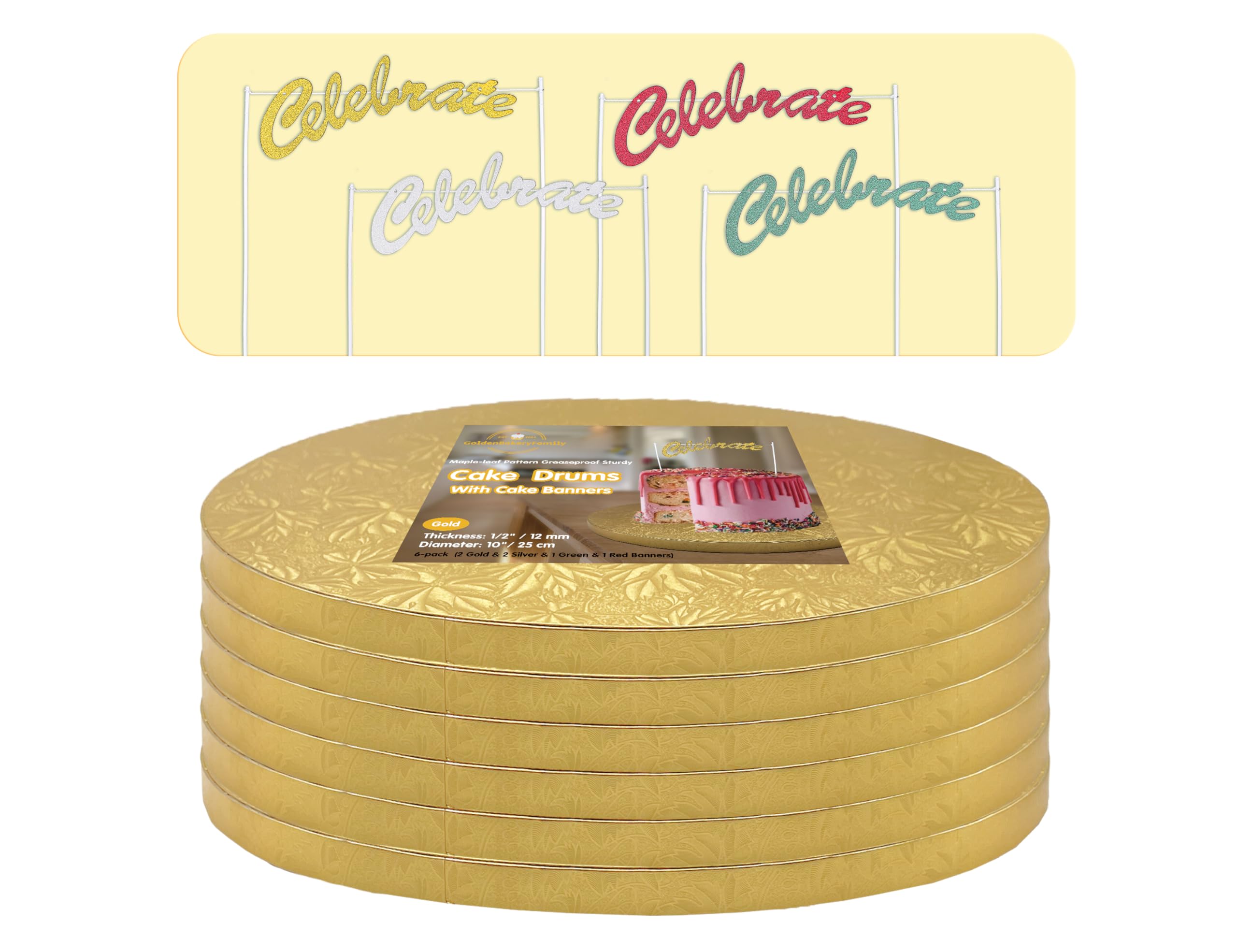 10 Inch Gold Cake Boards (6-Pack) - Round Sturdy Greaseproof Cake Drums for Birthday, Wedding & Multi-Tiered Cakes - Includes Banner Cake Topper - Perfect for Professional Baking, Cake Decorating & Dessert Displays by GoldenBakeryFamily