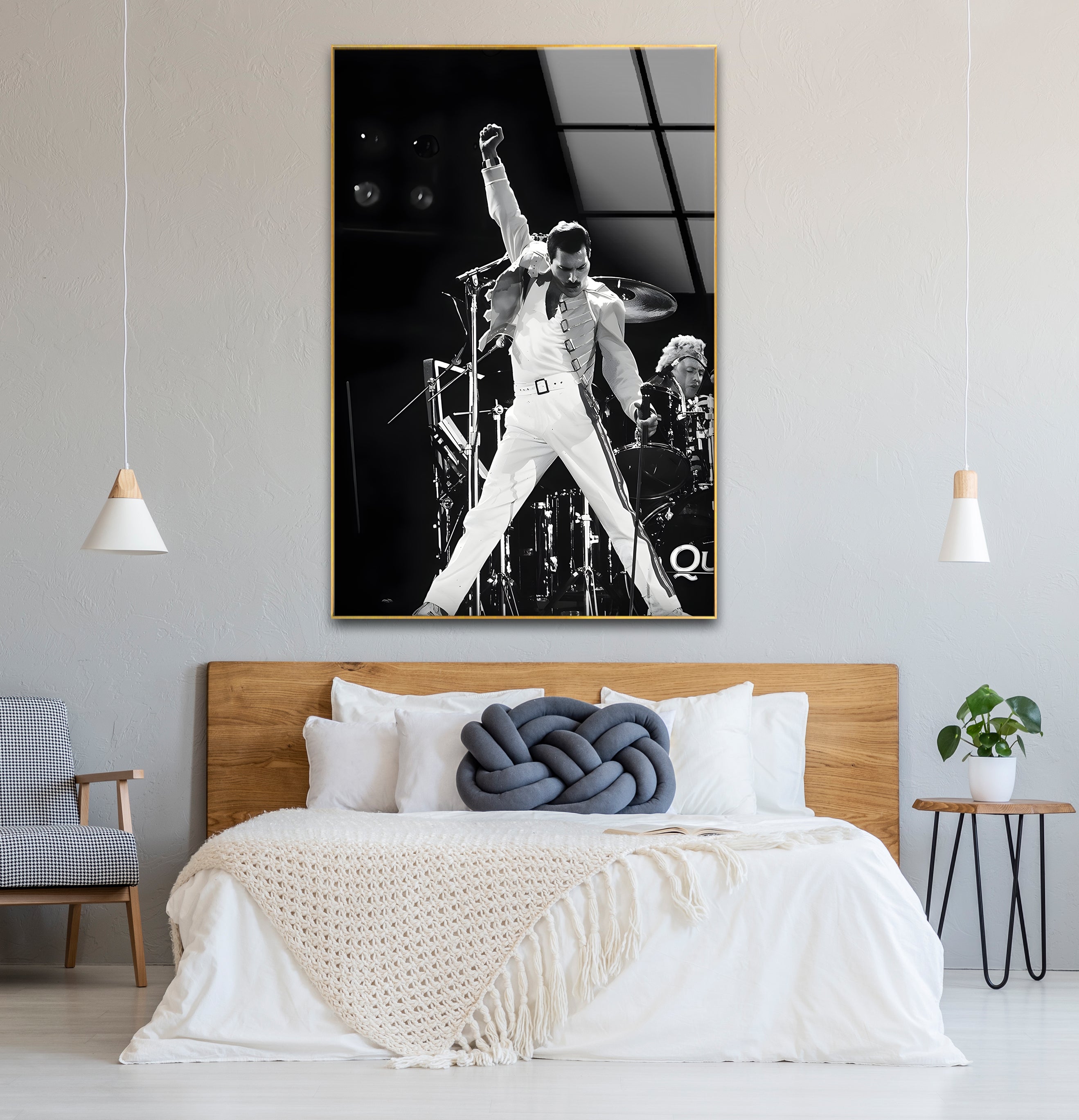 Freddie Mercury Glass Wall Art - Black & White Queen Band Tribute for Home & Office Decor - Perfect for Music Lovers & Retro Style Interiors