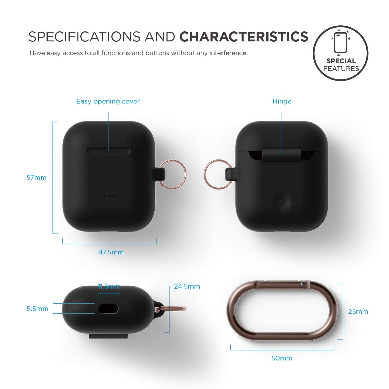 elago Premium Silicone Case with Keychain for Apple AirPods 1 & 2 - Wireless Charging Compatible, Front LED Visible, Protective Cover [Black] - Perfect for Gym, Travel & Everyday Use