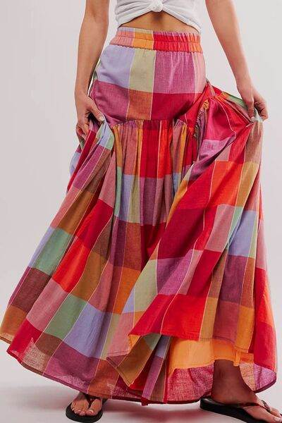 Stylish Color Block Elastic Waist Maxi Skirt for Women - Comfortable Flowy Long Skirt for Summer, Beach, Vacation & Casual Outfits