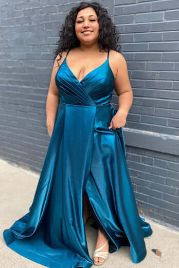 Elegant Long Blue Satin Prom Dress for Women - Plus Size Peacock V-Neck Formal Gown with High Slit | Perfect for Homecoming, Evening Parties & Special Occasions