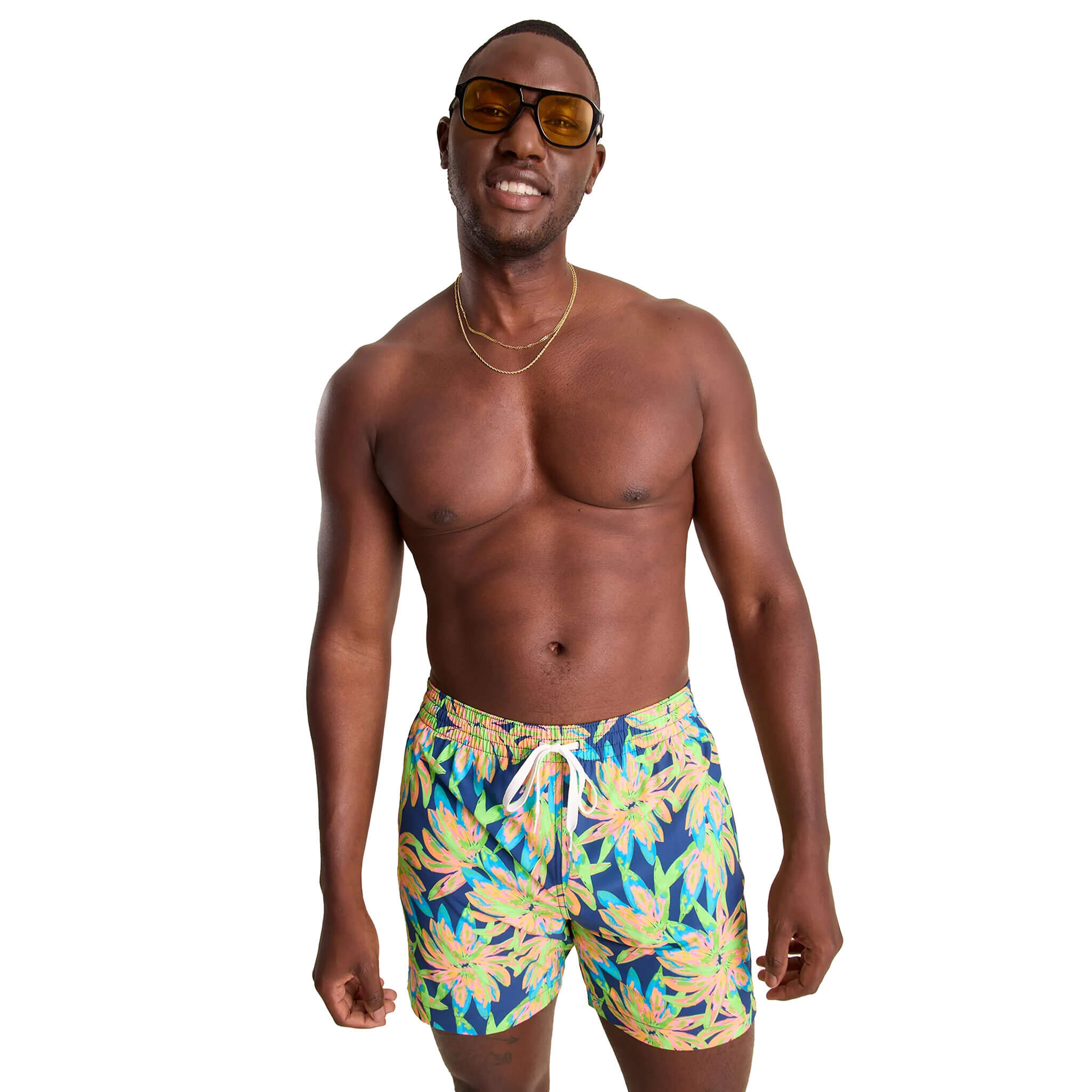 Chubbies 5.5 Inch Swim Trunks for Men - Vibrant Ocean Flowers Print with Plaid Accents in Bright Green | Perfect for Beach, Pool, and Summer Vacations