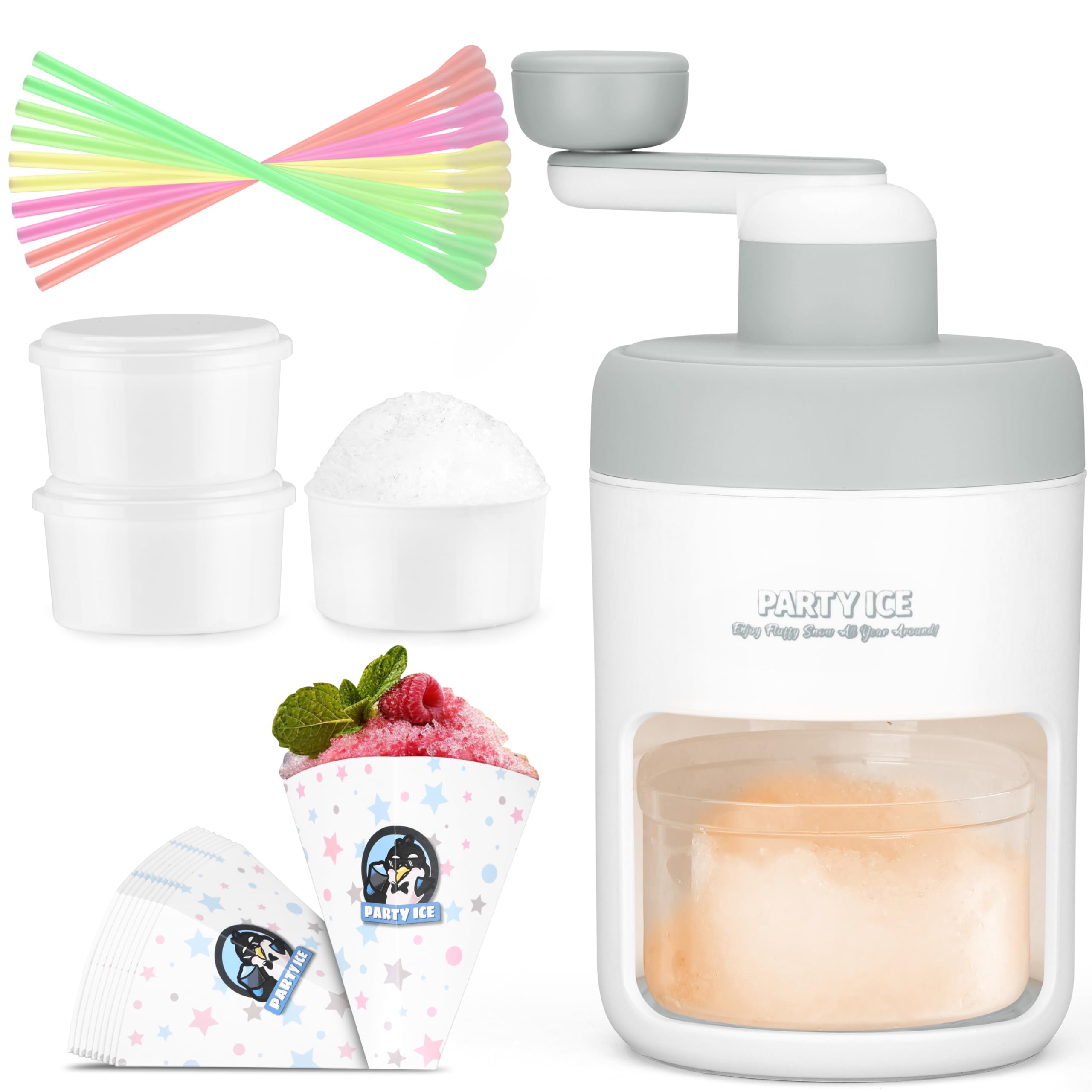 **Manual Ice Shaver Machine - Portable Snow Cone Maker with 10 Cups, 10 Spoons, Straws & Recipes - Perfect for Home, Parties, and Outdoor Events (Gray)**