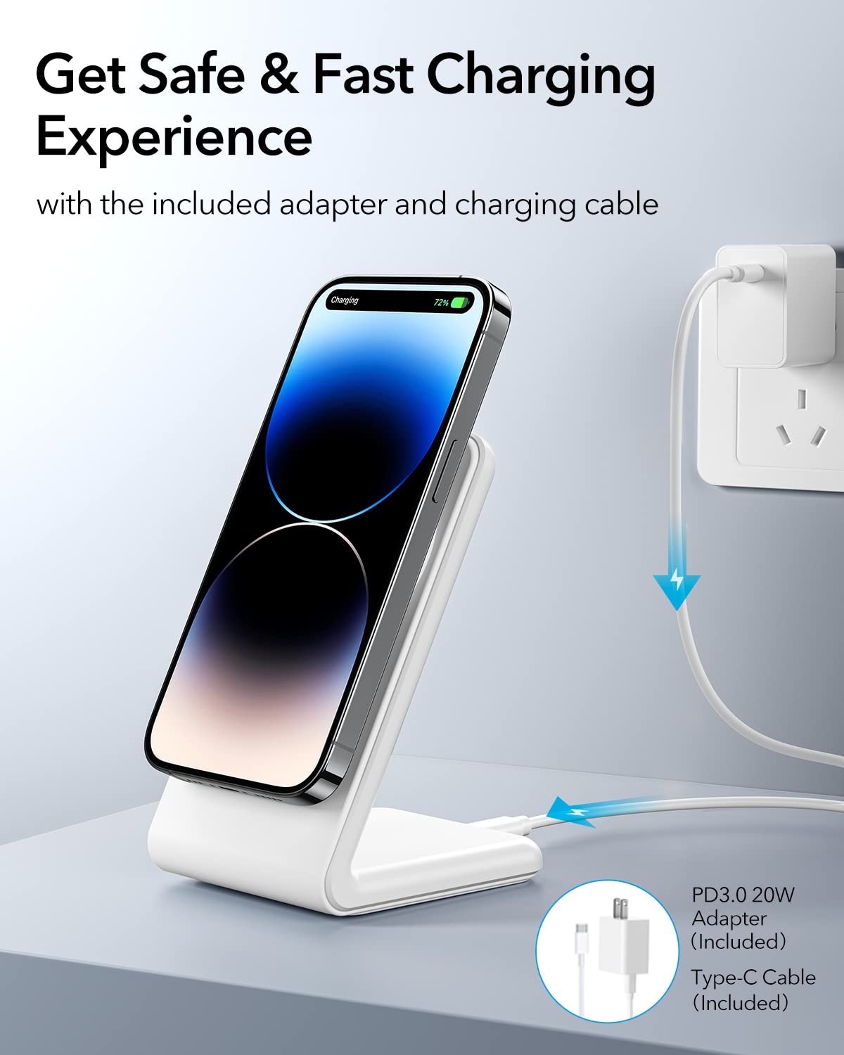 Meifigno Magnetic Wireless Charger for iPhone 16 Pro Max/15/14/13/12 Series - 20W Fast Charging with PD USB-C Adapter & Cable - MagSafe Compatible Charging Stand (White) - Perfect for Home, Office & Travel Use