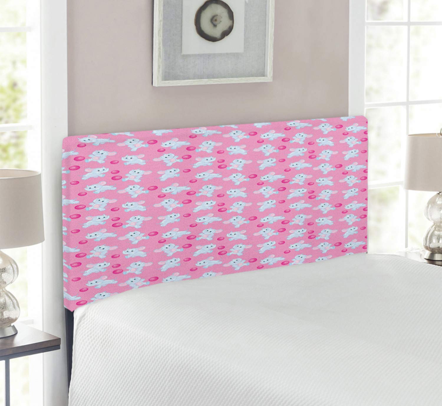Ambesonne Twin Size Upholstered Animal Headboard - Happy Animals Joyful Fun Playing Dots Design in Pale Blue & Pink | Decorative Metal Bed Headboard with Memory Foam | Perfect for Girls' Bedroom, Nursery or Kids Room Decor