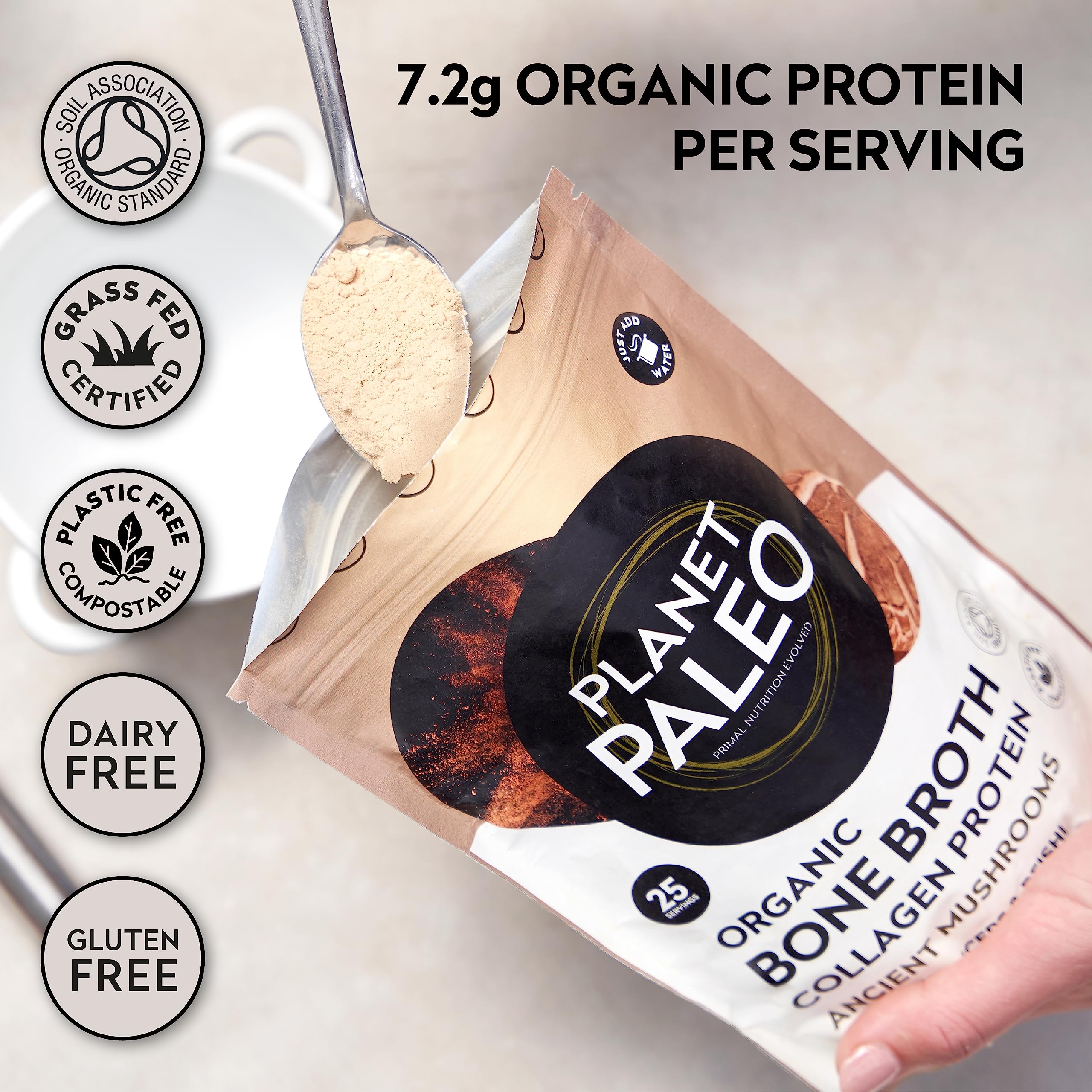 Planet Paleo Organic Bone Broth Powder with Reishi, Cordyceps, Lion's Mane & Shiitake Mushrooms - 225g (25 Servings) - Grass Fed, High Protein, Keto & Paleo Friendly - Supports Immunity & Gut Health - Perfect for Soups, Smoothies & Wellness Drinks