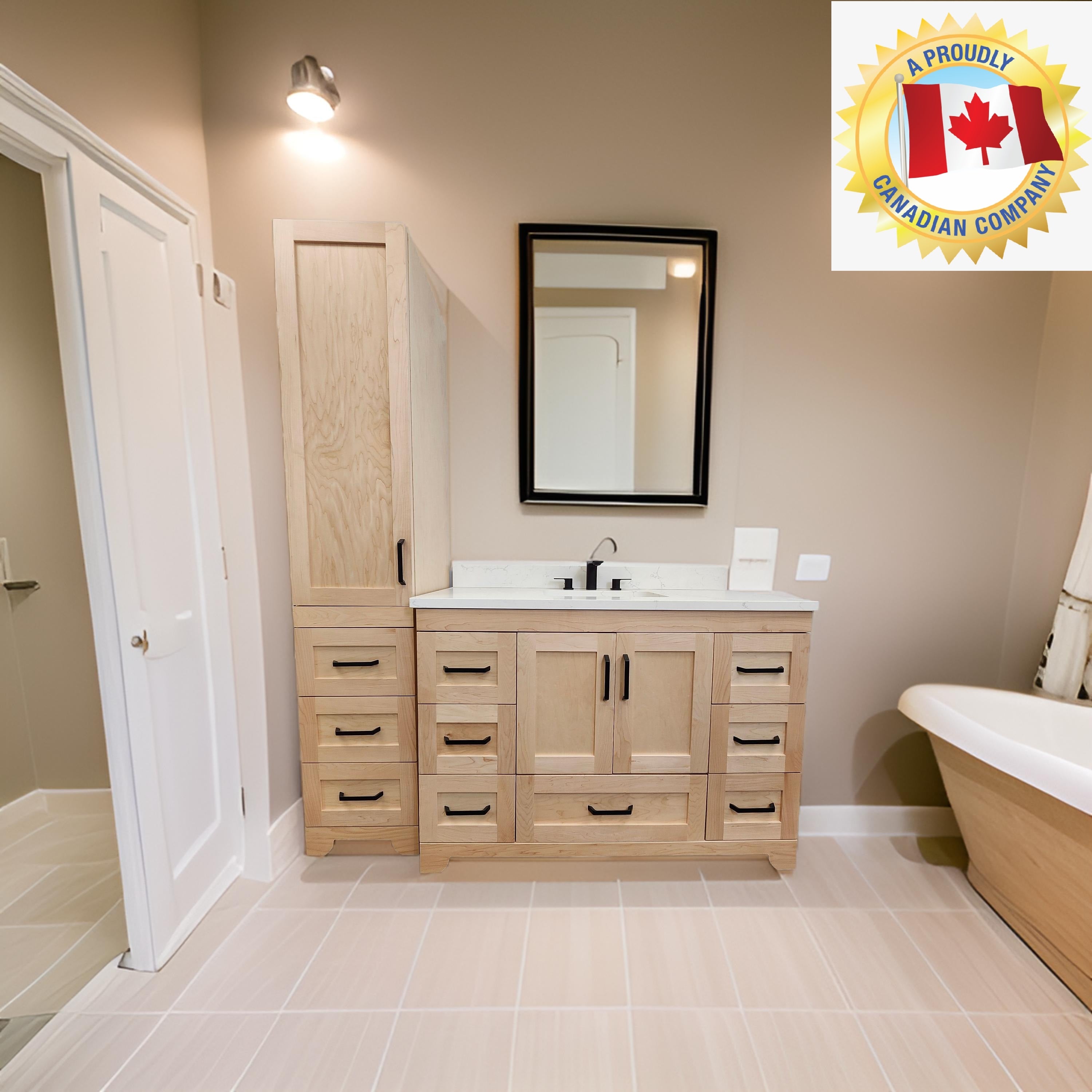 Natural Stain Bathroom Vanity with White Quartz Countertop - Canadian Maple 48