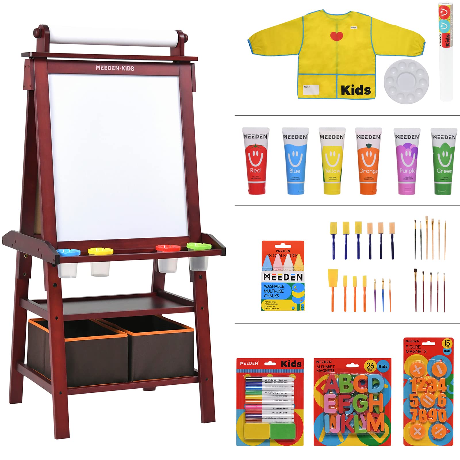 MEEDEN Kids Art Easel - Double-Sided Blackboard & Whiteboard with Paper Roll | Solid Pine Wood Standing Easel for Toddlers | 2 Storage Baskets & Art Supplies | Educational Learning Toy for Drawing & Creativity | Perfect for Home, Classroom & Playroom (Walnut)