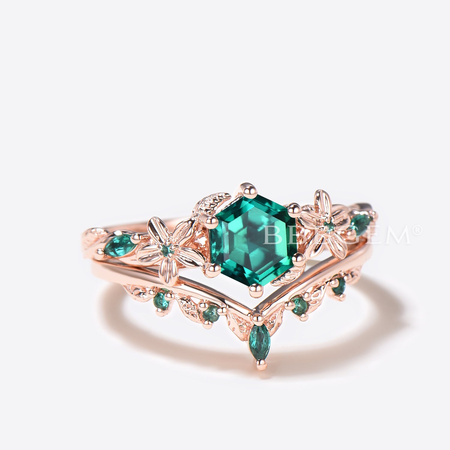 Hexagon Cut Emerald Engagement Ring in Rose Gold with Leaf Design - Floral Wedding Band for Brides, Anniversaries & Romantic Occasions