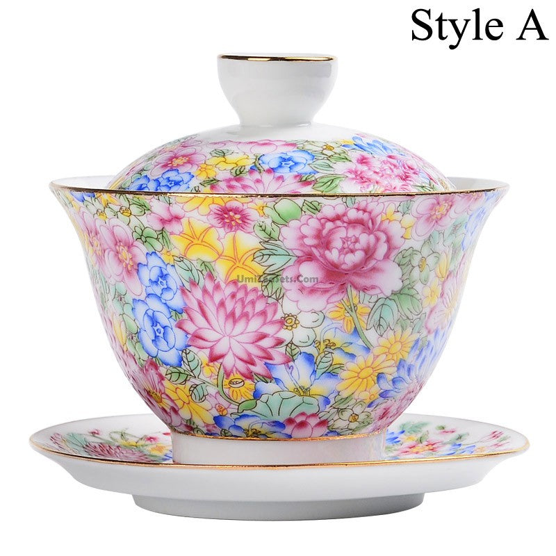 Premium Enamel Porcelain Flower Gaiwan Tea Set - Traditional Chinese Tea Cup with Lid & Saucer - Perfect for Gongfu Tea Ceremony, Home Decor, and Gift Giving