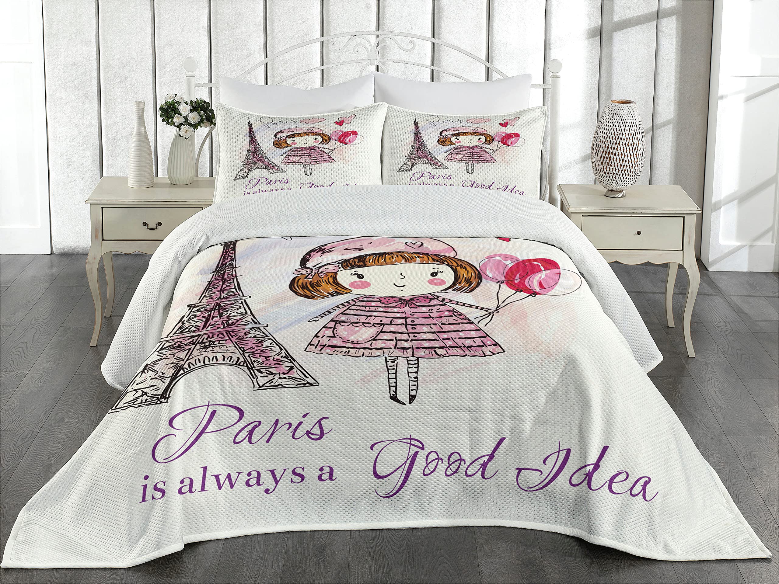 Ambesonne Paris 3-Piece Quilted Bedspread Set - King Size Pale Pink Purple White Coverlet with 2 Pillow Shams, Little Girl Holding Balloons Hearts Cloud & Eiffel Tower Illustration | French Themed Bedding for Girls Room, Nursery Decor, Romantic Bedroom Makeover