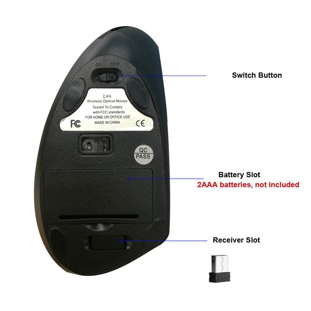 2.4G Wireless Vertical Ergonomic Mouse - Adjustable 800/1200/1600 DPI, Comfort Grip for Large Hands | Perfect for Office Work, Gaming & Carpal Tunnel Relief