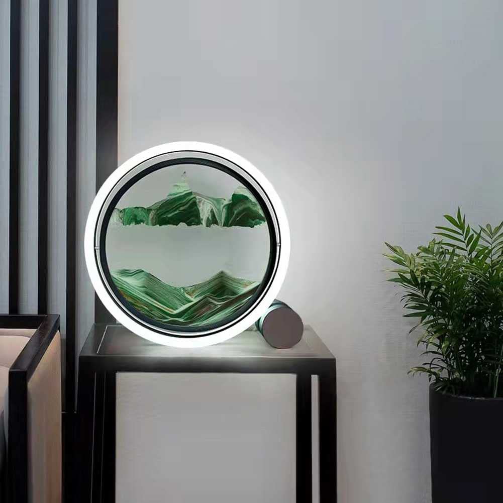 Dynamic Sand Art 3D Lamp - Round Glass Moving Sand Picture for Home & Office Decor, Wall Art for Adults & Kids, White Light Button - Perfect for Relaxation, Meditation & Stress Relief