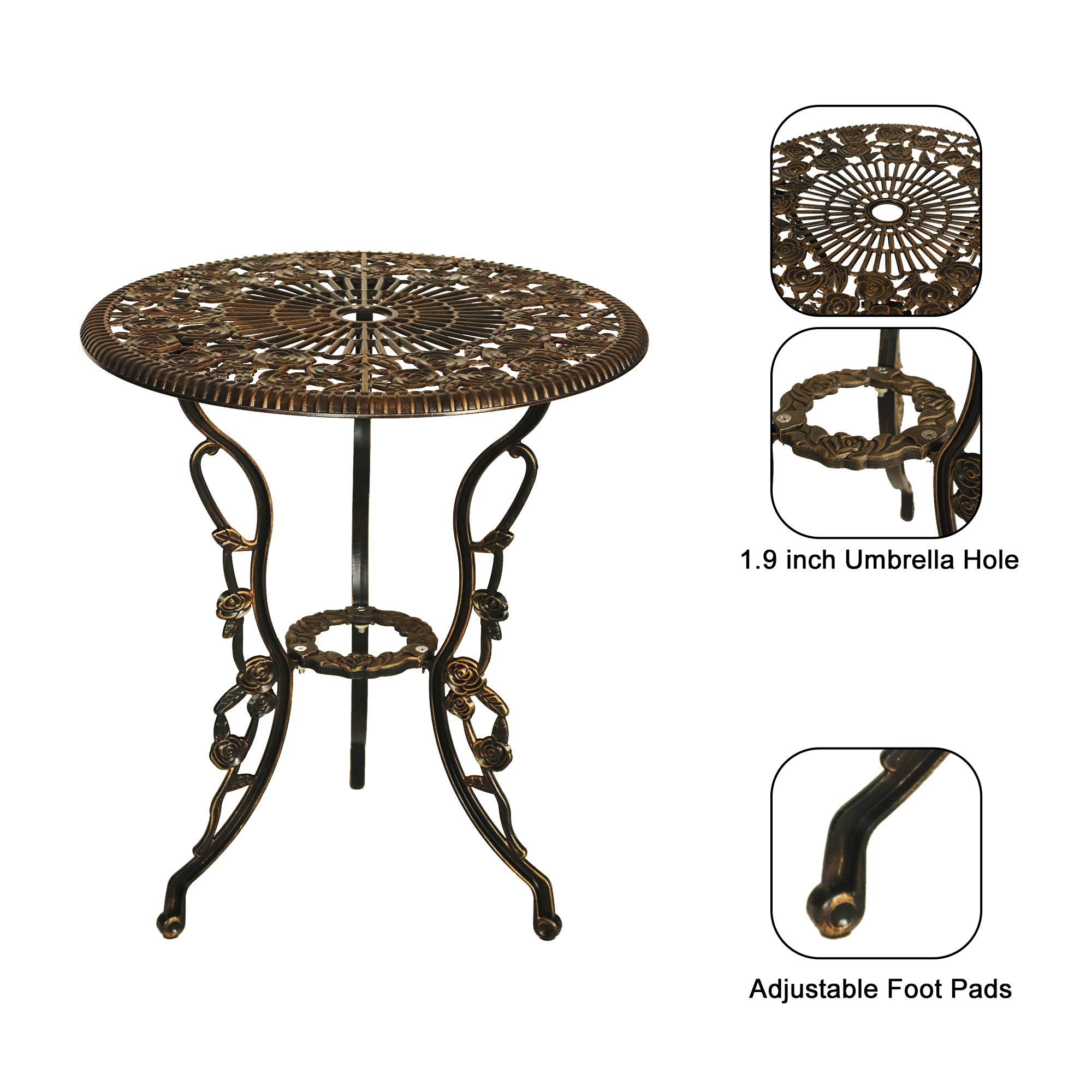 3-Piece Patio Bistro Table Set - Outdoor Cast Aluminum Dining Set with Umbrella Hole, Rose Flower Design, Dark Bronze Balcony Furniture (Perfect for Small Spaces, Garden, Deck & Backyard Relaxation)