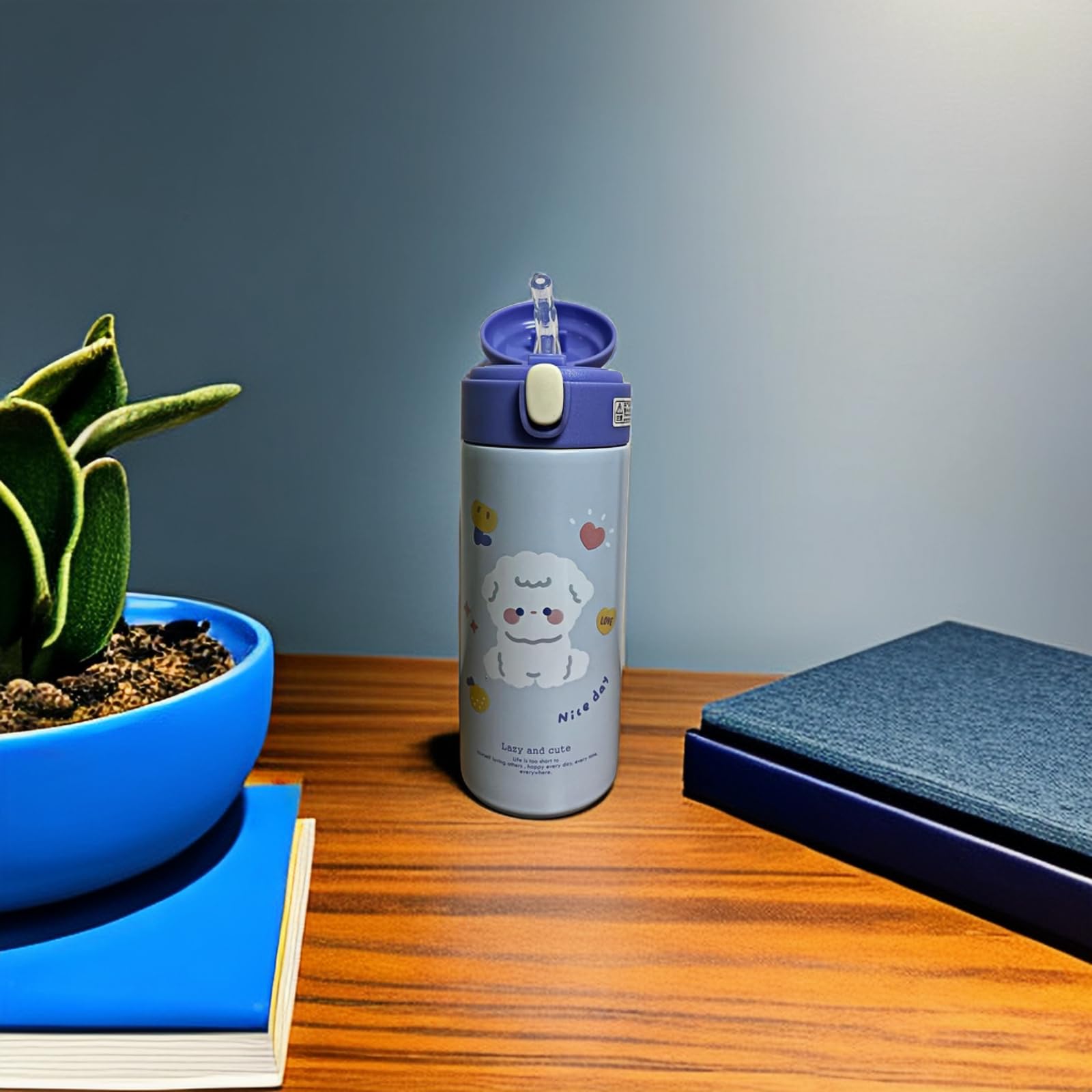 Stylish Cartoon Insulated Water Bottle - 304 Stainless Steel Portable Water Bottle with Straw for Men, Women & Kids - Leakproof Travel Tumbler for School, Gym, Office & Outdoor Activities (Purple)