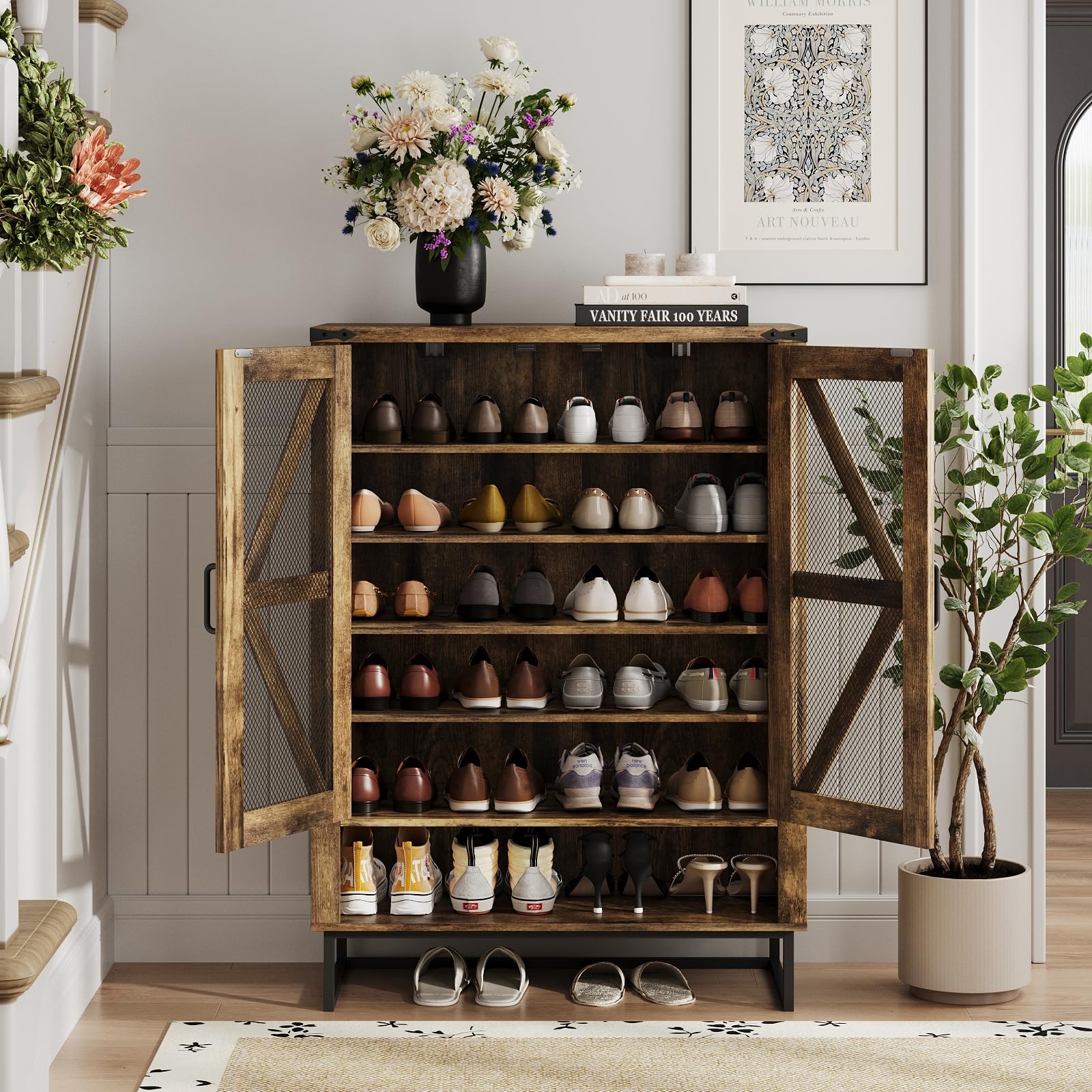 Maupvit 6-Tier Farmhouse Shoe Cabinet with Doors - Adjustable Shelves & Sturdy Metal Legs, Rustic Entryway Storage Organizer for Hallway, Closet & Living Room | Perfect for Small Spaces & Home Organization