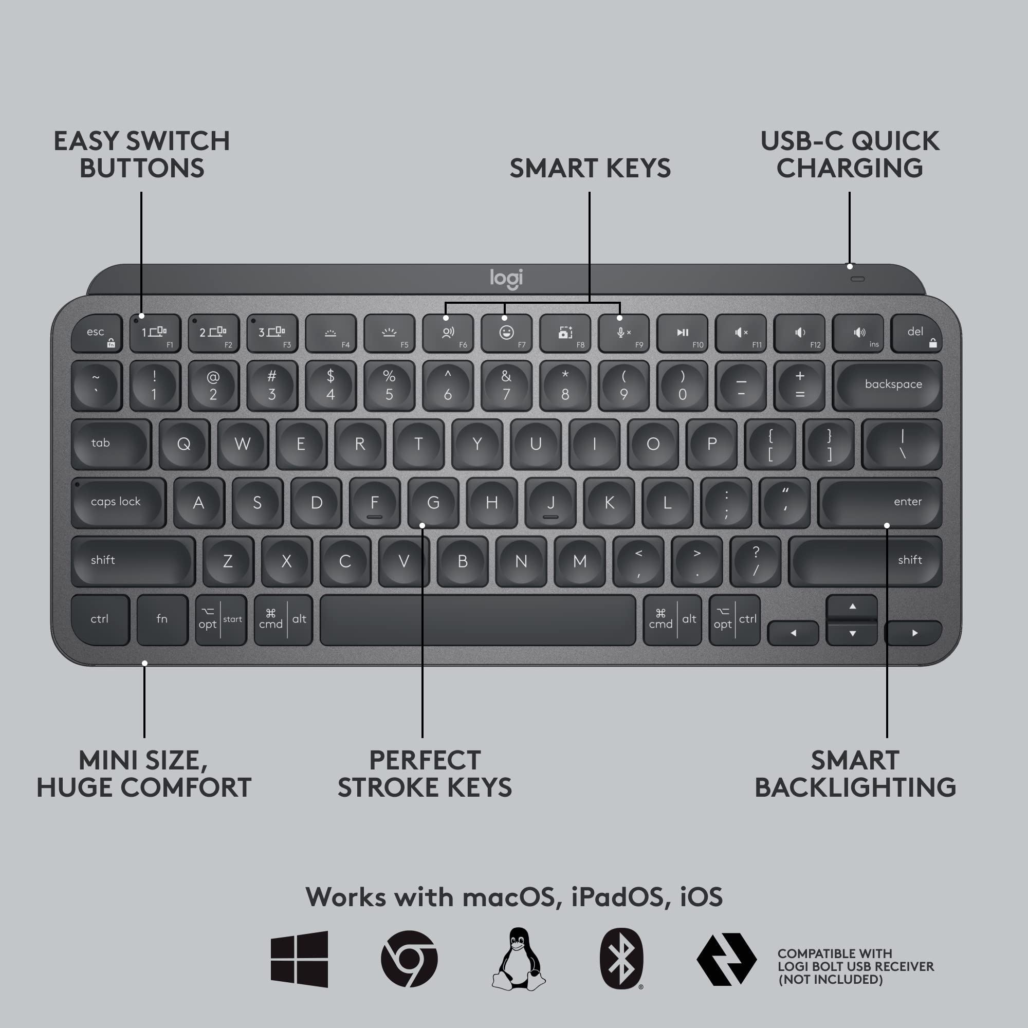 Logitech MX Keys Mini Wireless Keyboard & Lift Vertical Ergonomic Mouse Combo - Bluetooth/USB, Backlit Keys, Quiet Typing for Windows, Mac, iPad - Perfect for Office, Home & Travel Use - Graphite