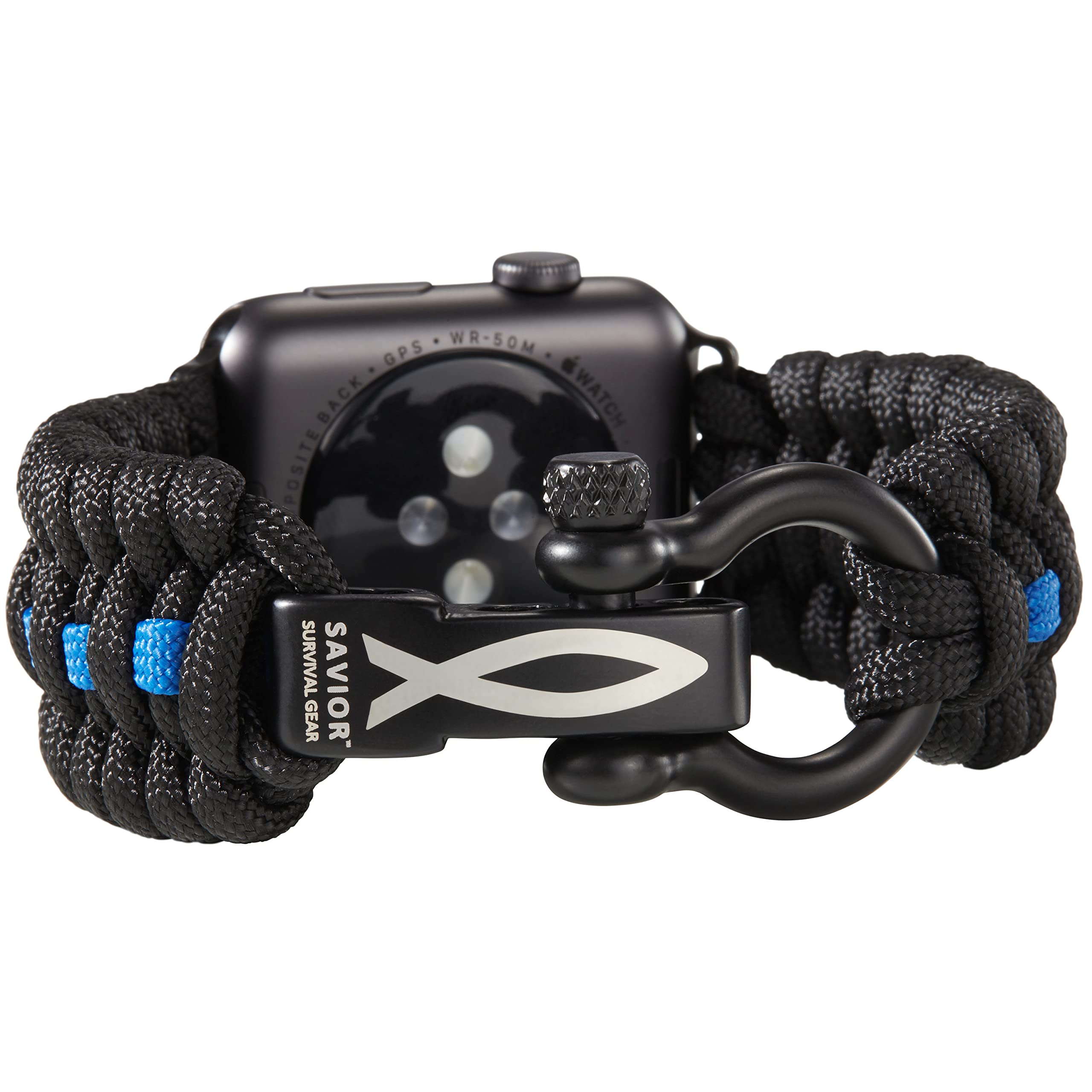 Savior Survival Gear Paracord Watch Band for Apple Watch 42mm 44mm 45mm - 550 Paracord & Stainless Steel Shackle, Adjustable Strap for Men & Women (Black & Blue, Large) - Perfect for Outdoor Adventures, Hiking, Camping & Emergency Survival