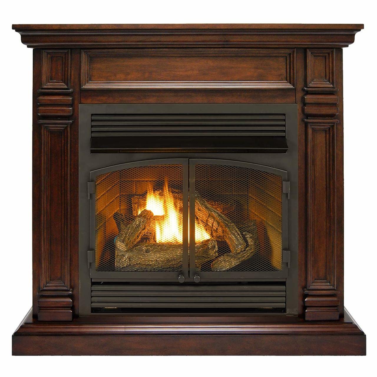 Duluth Forge Dual Fuel Ventless Gas Fireplace with Mantel - 32,000 BTU, Thermostat Control, Walnut Finish - Model DFS-400T-2W - Perfect for Living Rooms, Bedrooms & Patios