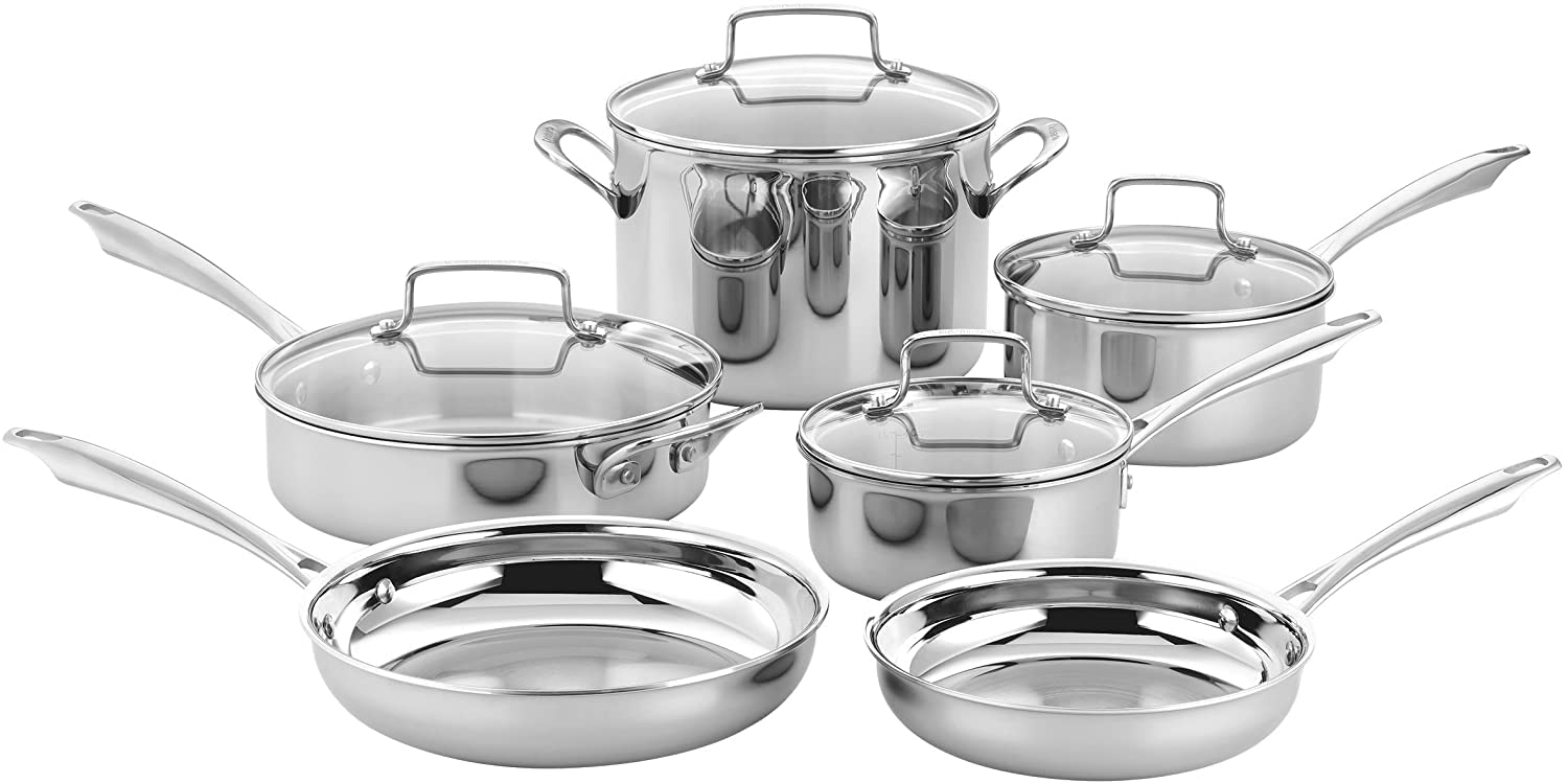 Premium Cuisinart Classic 10-Piece Stainless Steel Cookware Set - Saucepans, Saute Pans & Skillets with Drip-Free Tapered Rims & Cool Grip Handles | Nonstick Pots & Pans for Professional Cooking, Home Kitchen & Gift Giving