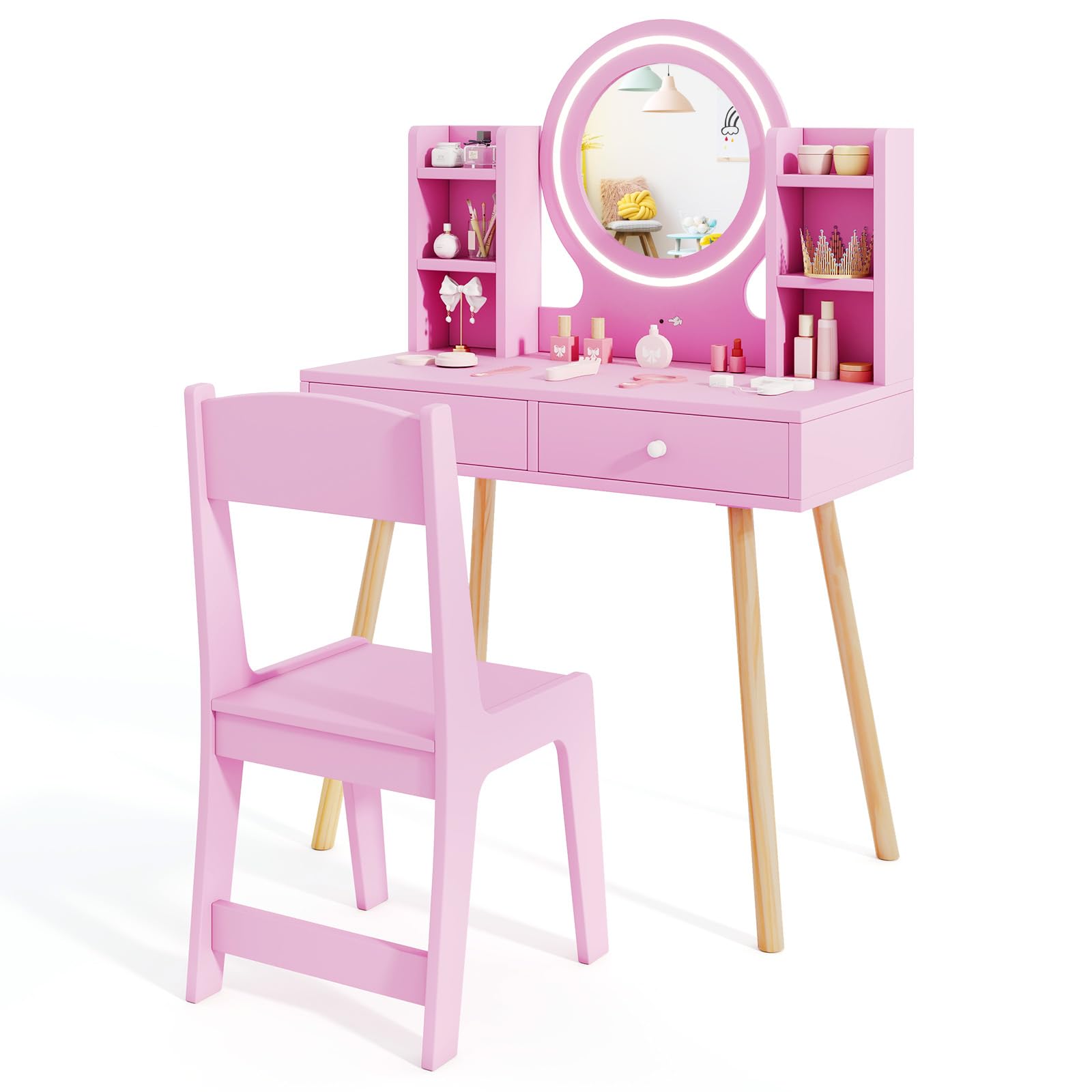 HONEY JOY Kids Vanity Set with Mirror, Stool & Lights - Pink Toddler Makeup Dressing Table with Storage Drawers & Shelves - Pretend Play Vanity for Girls - Perfect for Bedroom Decor, Birthday Gifts & Role Play Activities