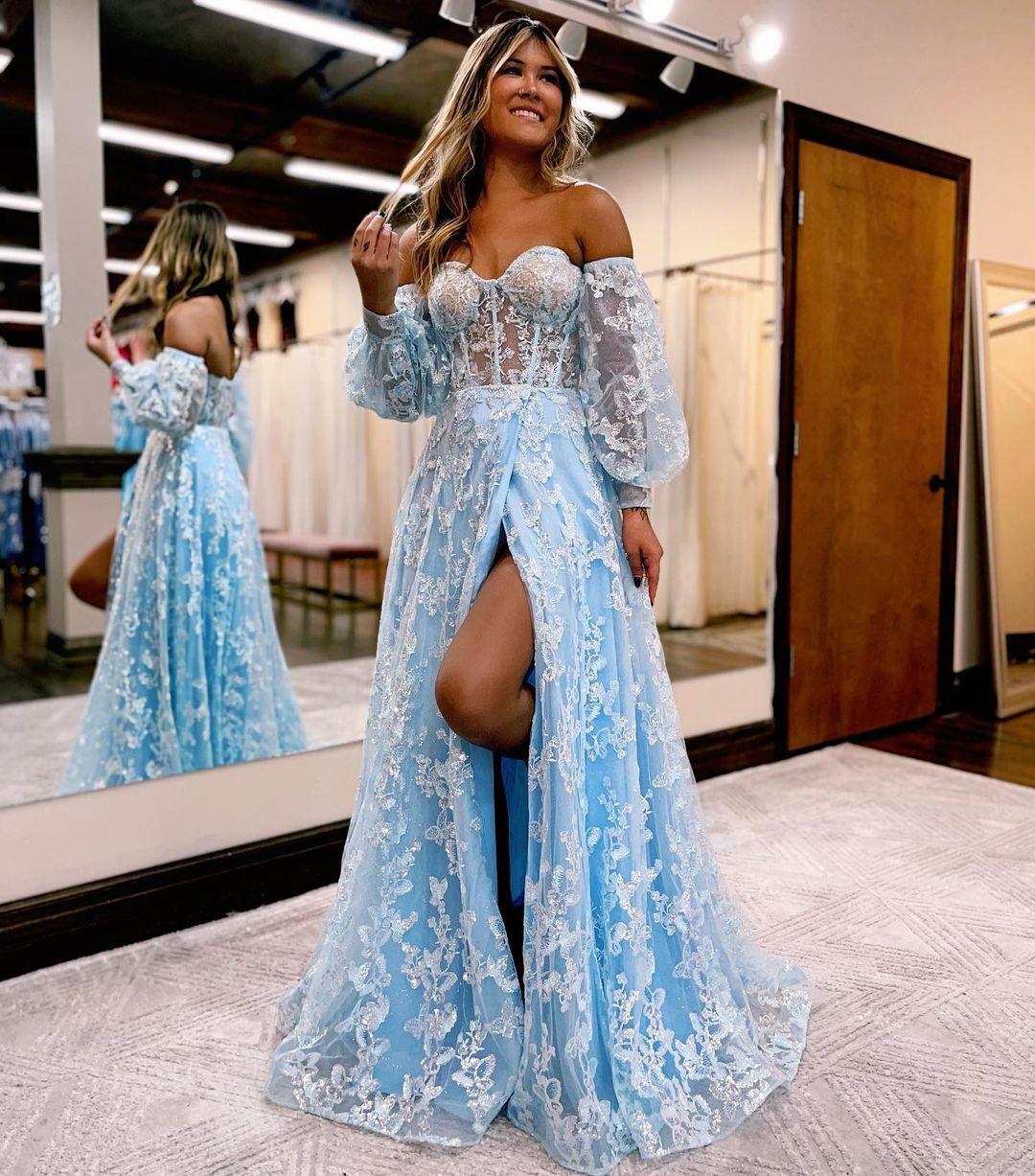 Elegant Blue Lace A-Line Long Prom Dress with Applique Details - Formal Evening Gown for Homecoming, Wedding Guest & Special Occasions | Style J3026