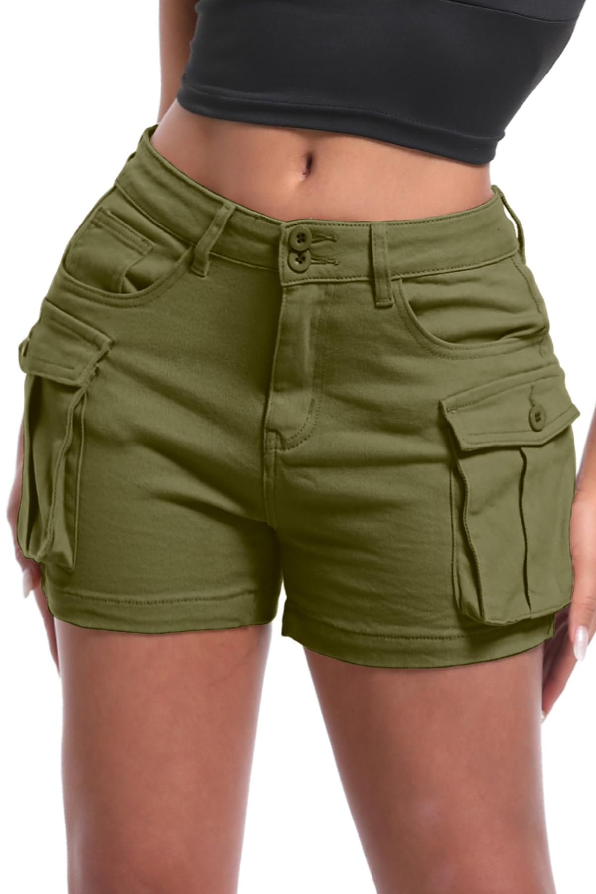 ELLEVEN Women's High-Stretch Cargo Shorts - Y2K Mini Denim Shorts with Pockets, High Waisted Slim Fit for Casual Wear, Summer Outfits, and Street Style Fashion