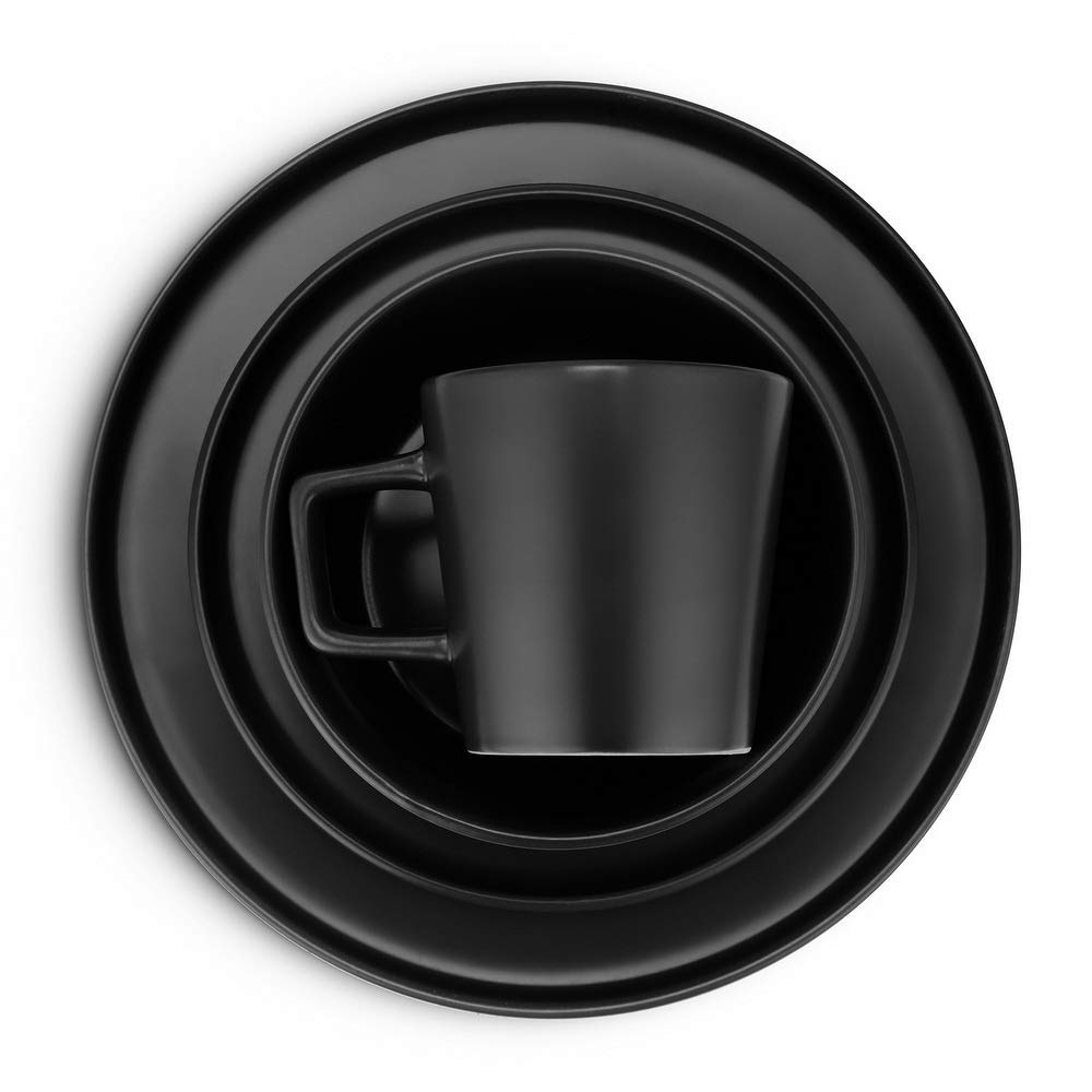Premium 16-Piece Black Stoneware Dinnerware Set - Includes Dinner Plates, Salad Plates, Soup Bowls & Coffee Mugs - Elegant Table Setting for Family Meals, Dinner Parties & Restaurant Use
