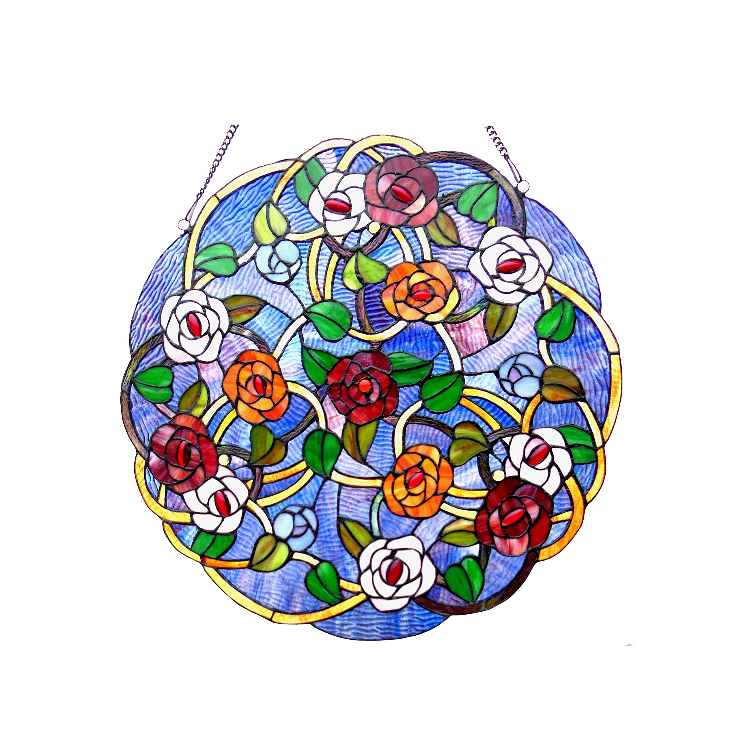 Tiffany-Style Stained Glass Roses Window Panel - 24 Inch Handcrafted Art Glass Decor for Home, Church & Office