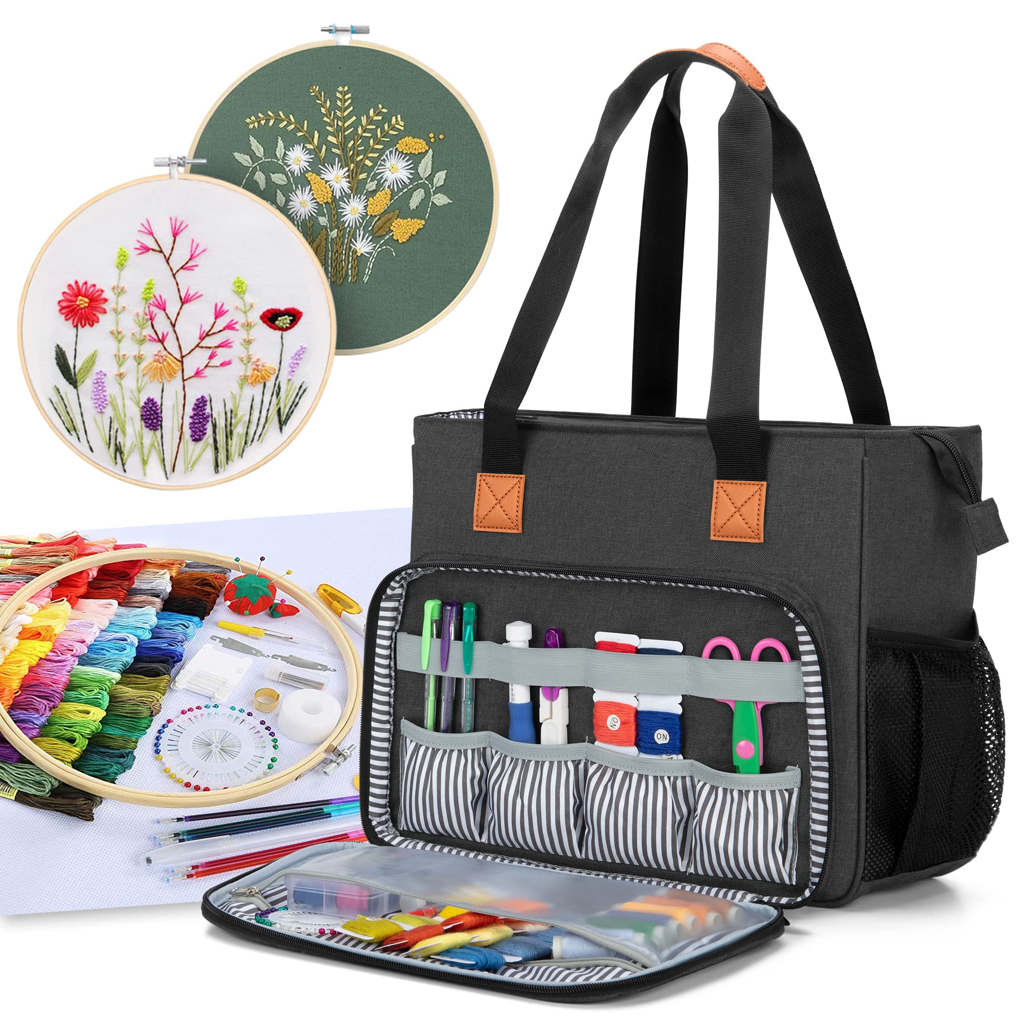LUXJA Embroidery Project Carrying Bag - Portable Storage Organizer for Embroidery Kits & Supplies (Bag Only) - Black - Perfect for Needlework, Cross Stitch & Crafting On-The-Go