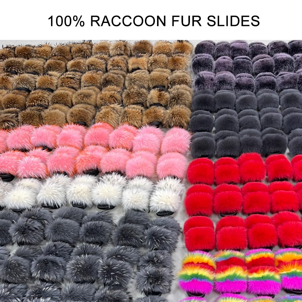 Jancoco Max Women's Fur Slide Slippers - Soft Raccoon Fur Fluffy Sandals with Open Toe, Fashionable & Comfortable House Shoes for Relaxing at Home, Lounging, or Spa Days