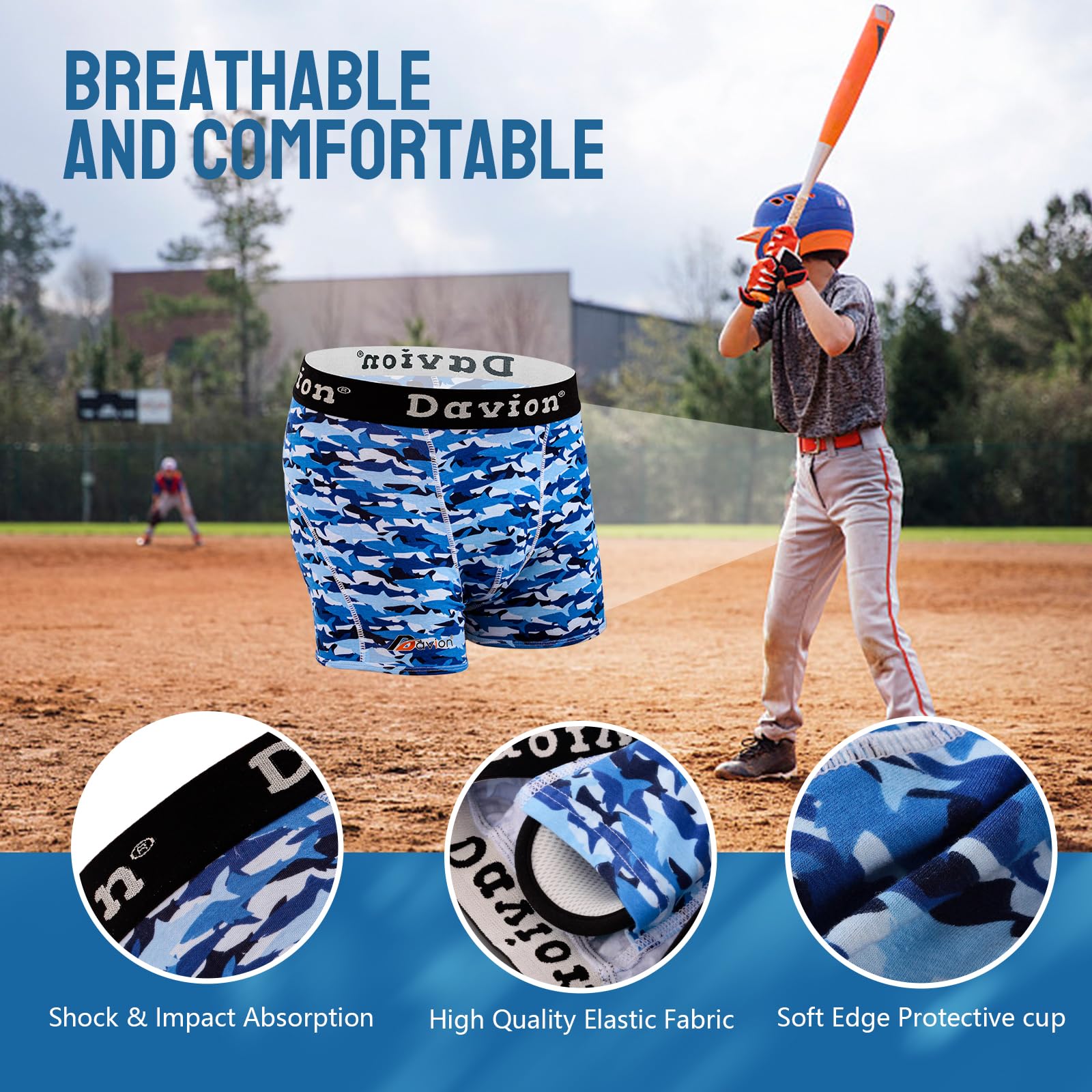 Davion Youth Boys Baseball Cup Underwear with Soft Protective Athletic Cup - Compression Shorts for Baseball, Football, Lacrosse - Comfortable Support for Sports & Training