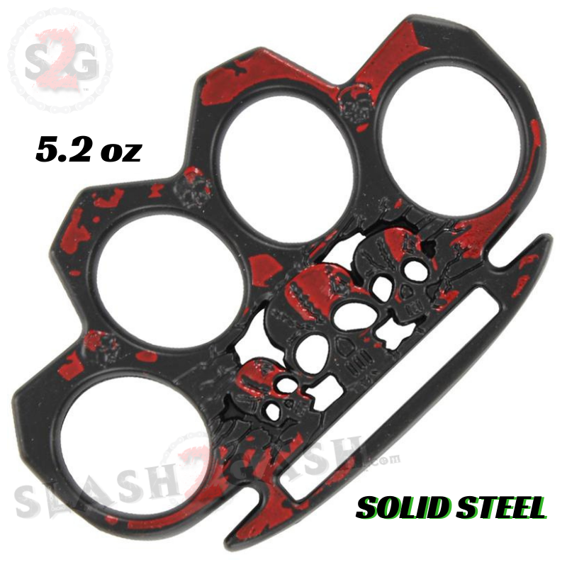 Triple Skull Brass Knuckles Paperweight with Blood Splatter Design - Heavy Duty Office & Home Desk Decor for Horror & Gothic Fans