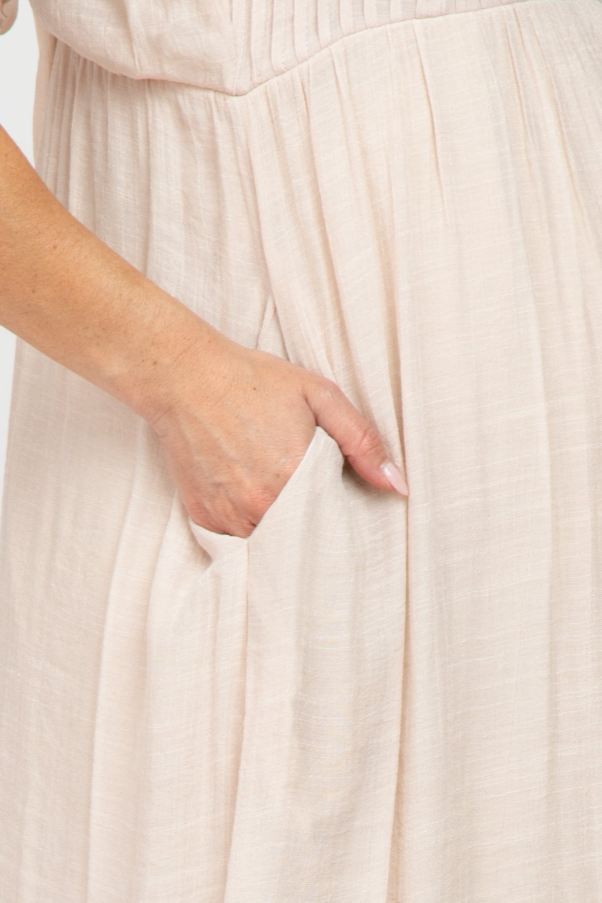 Beige Pintucked Maternity Maxi Dress for Women - Comfortable Pregnancy Dress for Baby Shower, Photoshoot & Special Occasions