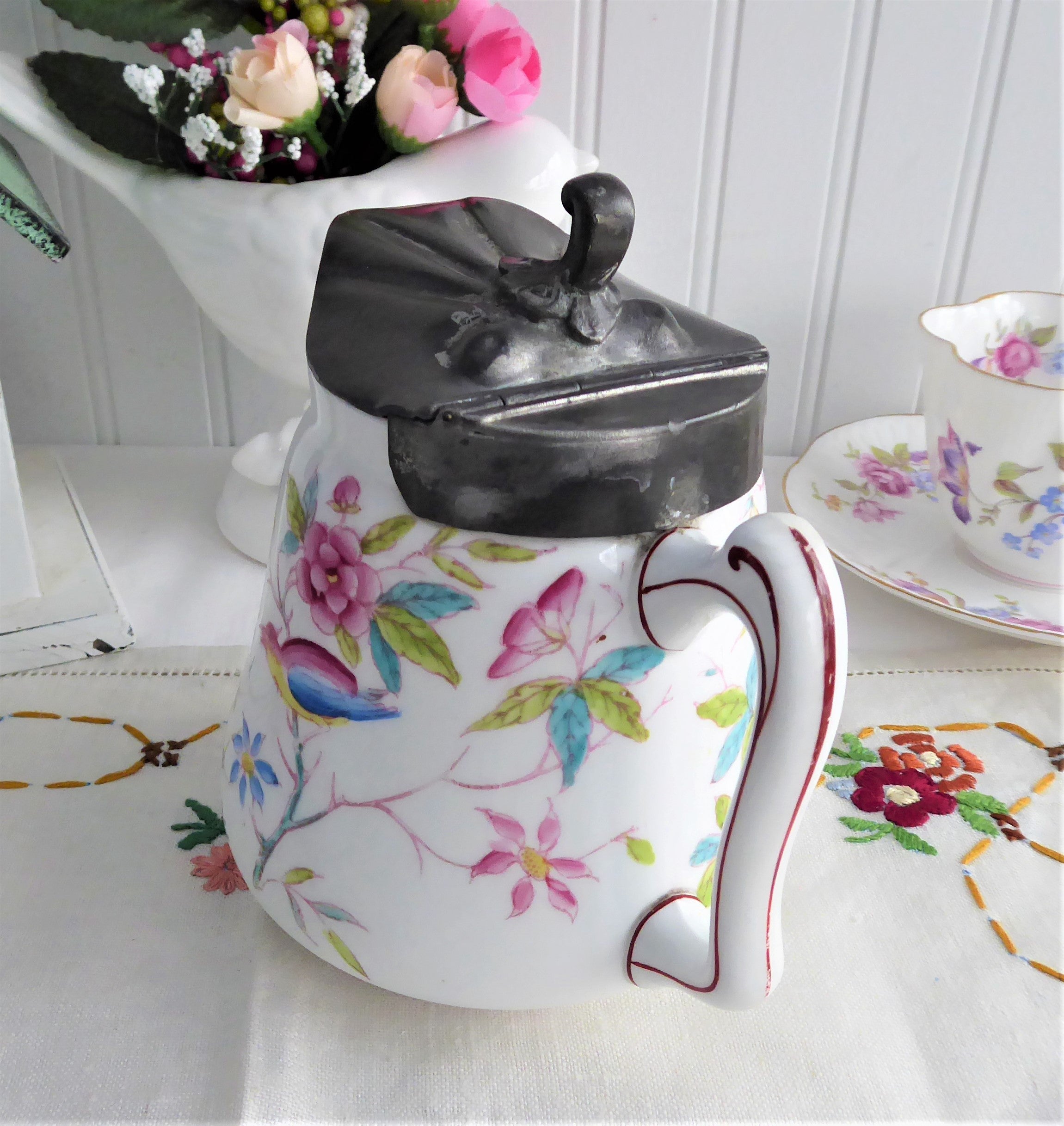 Antique English Aesthetic Movement Hot Water Jug with Pewter Lid - Victorian Floral Pitcher 1880s for Tea Service & Home Decor