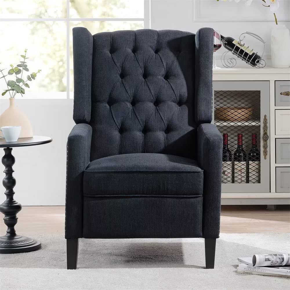 Modern Wingback Pushback Recliner Chair - Linen Upholstered Manual Recliner with Button Tufted Back, Nailhead Trim & Adjustable Backrest/Footrest - Single Sofa for Living Room, Home Theater & Relaxation (Black)
