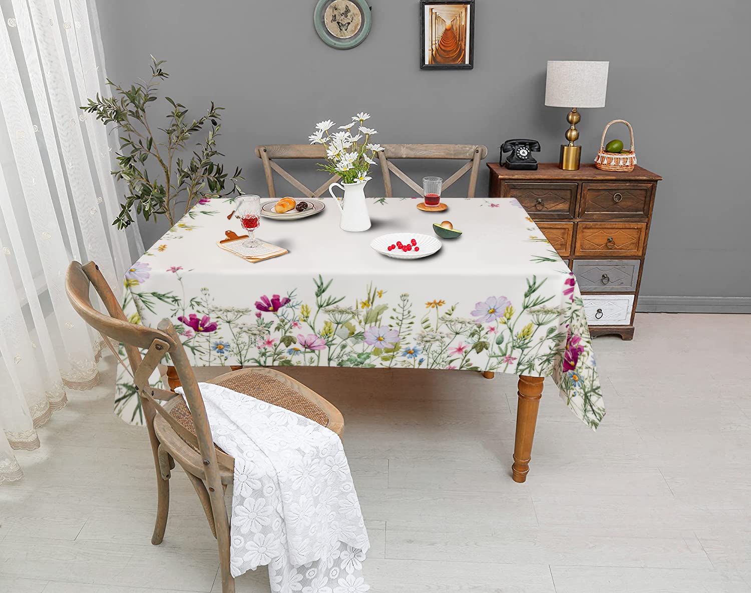 Floral Tablecloth Rectangle 54 x 108 Inch - Waterproof Oil-Proof Spring Wildflower Table Cover for Kitchen Dining - Spillproof Indoor Outdoor Tablecloth for Picnic, Party & Daily Use