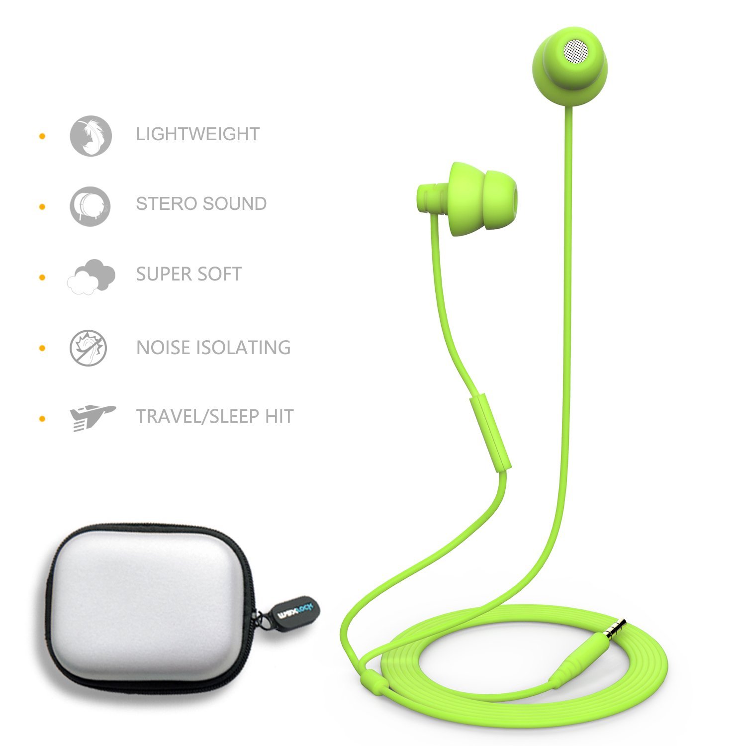 MAXROCK Total Soft Silicone Headphones with Microphone - Noise Isolating Sleep Earbuds for Travel, Work & Study - Compatible with iPhone, Android, Tablets & 3.5mm Jack Devices (Green)