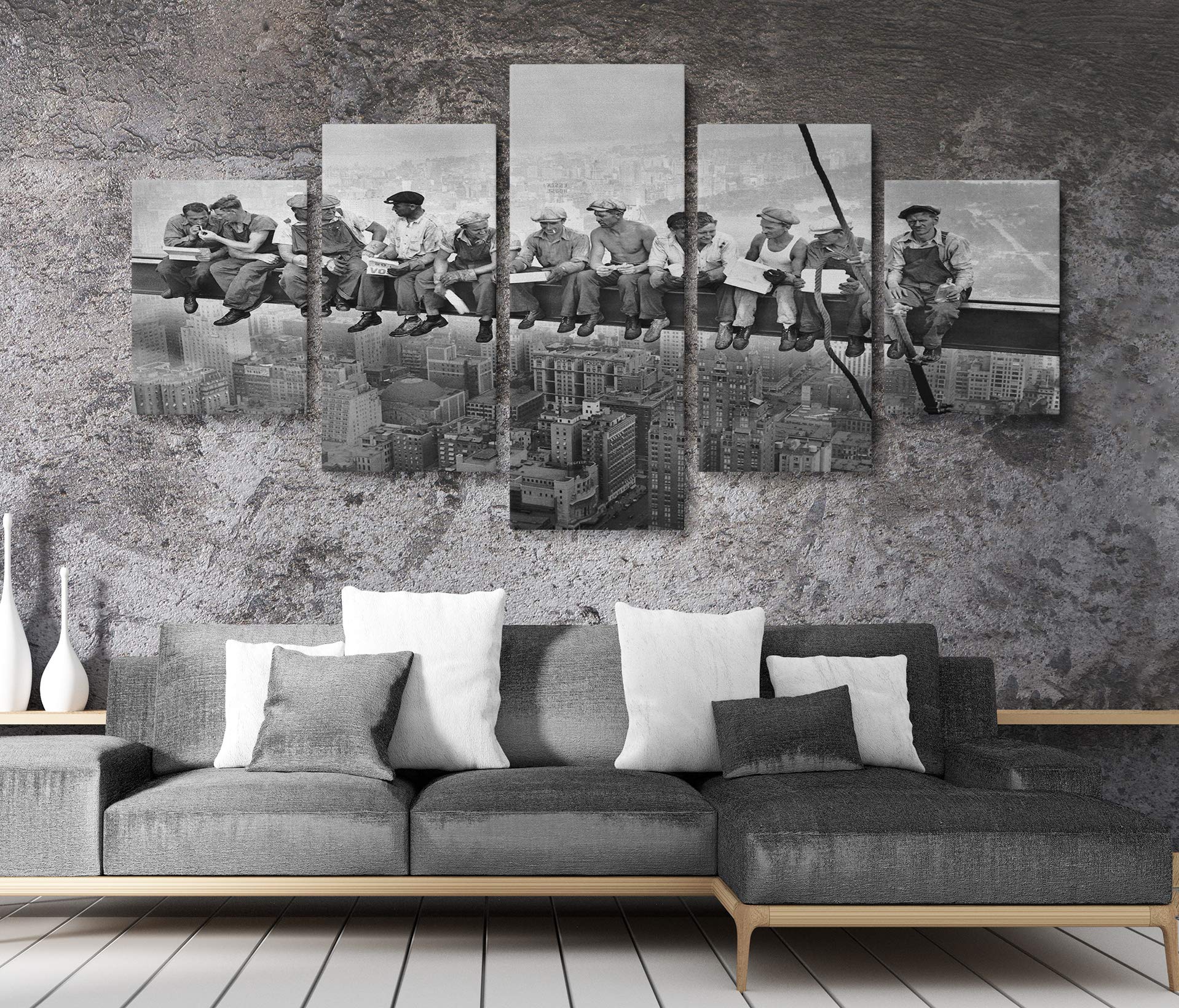 Lunch Atop Skyscraper Canvas Wall Art Print - Famous Historical Photo Reproduction - Vintage Office Decor (5-Piece Set, Multiple Sizes) - Perfect for Living Room, Office or Man Cave Wall Decor