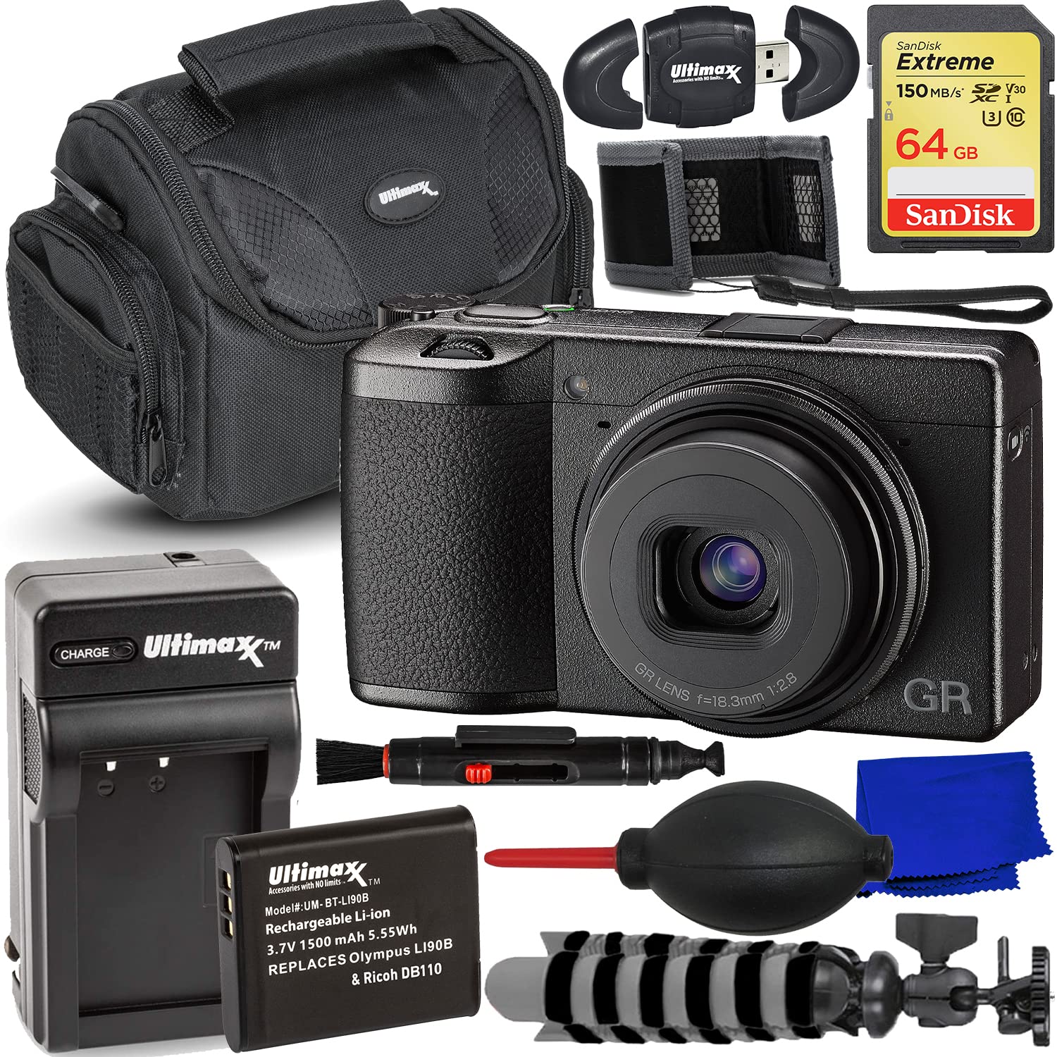 Ricoh GR III Digital Camera Bundle with SanDisk 64GB Extreme SDXC Card, Extra Battery & Charger, Waterproof Case, Mini Tripod (18-Piece Kit) - Perfect for Travel Photography, Street Shooting & Vlogging