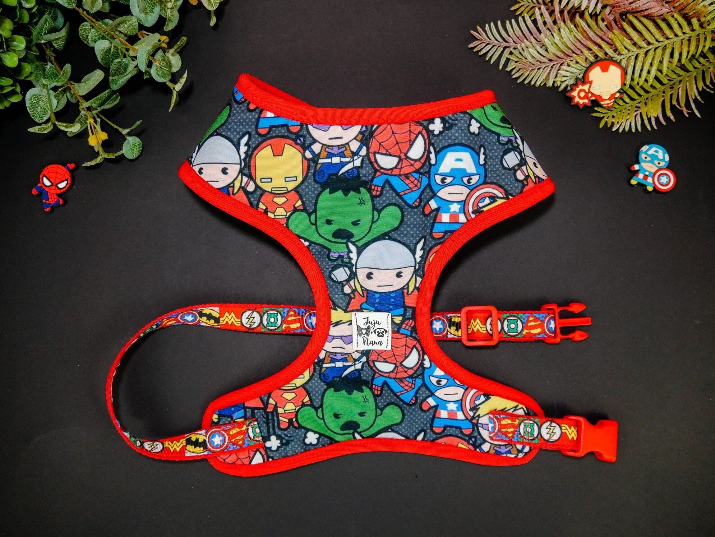 Cute Kawaii Heroes Dog Harness with Red Trim - Comfortable & Adjustable Pet Vest for Small to Medium Dogs - Perfect for Walking, Training & Outdoor Adventures