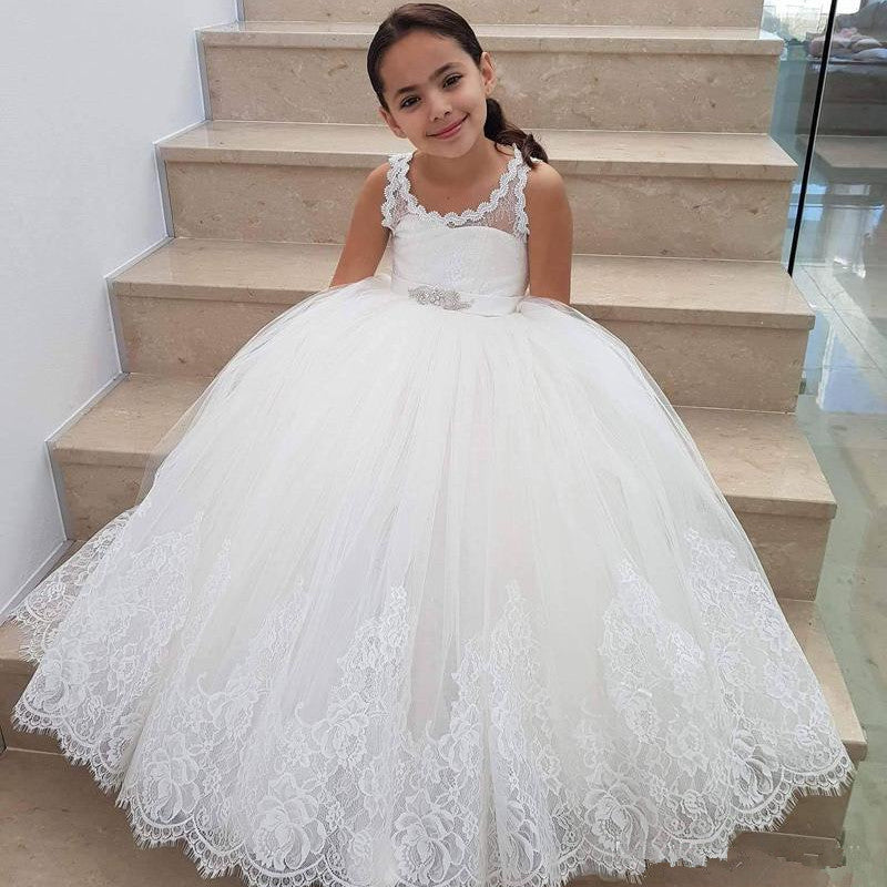 Ivory Lace Flower Girl Dress with Tulle Skirt - Floor Length Party Dress for Weddings, Baptisms & Special Occasions