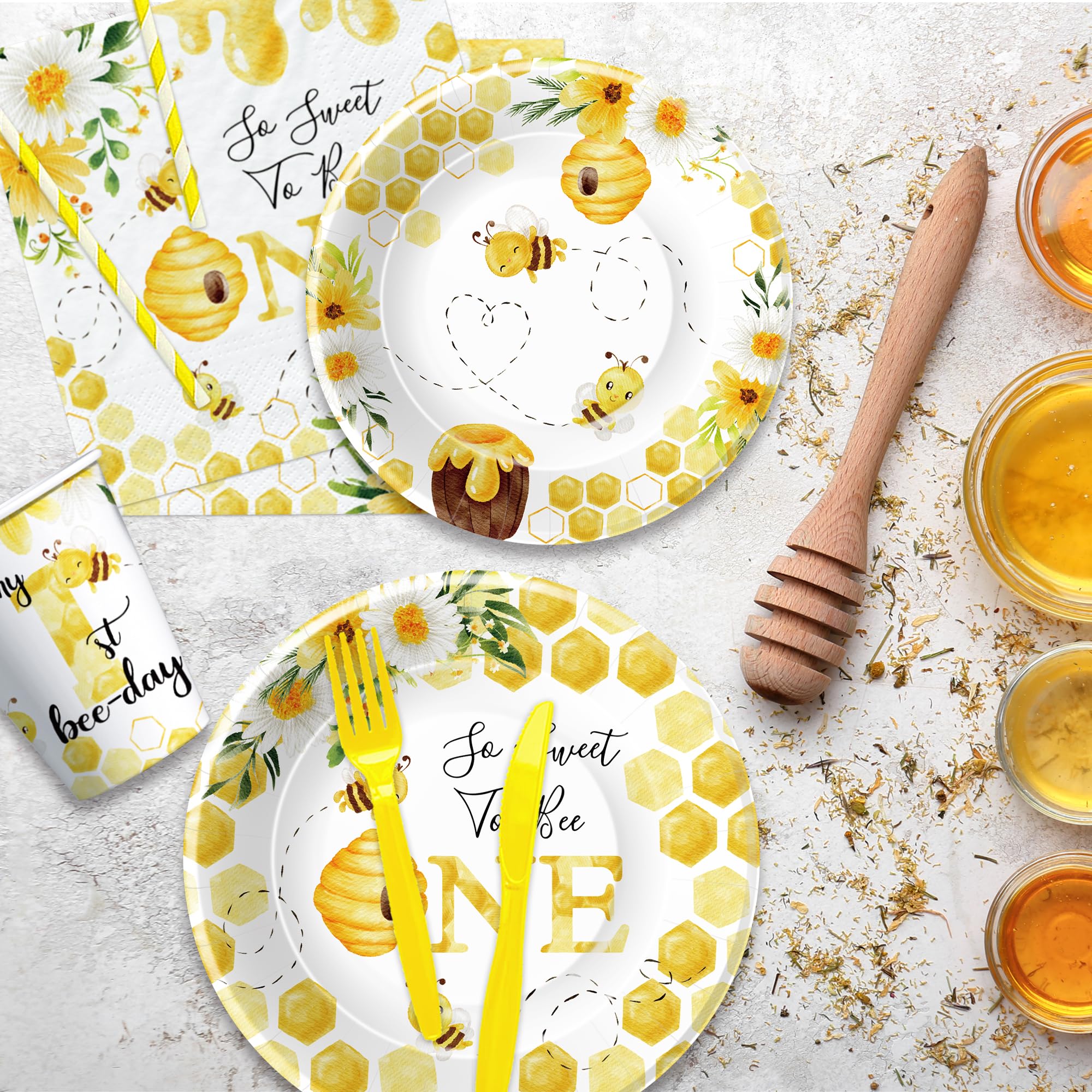 1st Birthday Bee Party Supplies - Bumble Bee Themed Decorations, Dinnerware Set (Plates, Cups, Napkins, Forks) for Baby's First Birthday | 24-Piece Set - Perfect for 1-Year-Old Birthday Parties, Baby Showers & Bee-Themed Celebrations