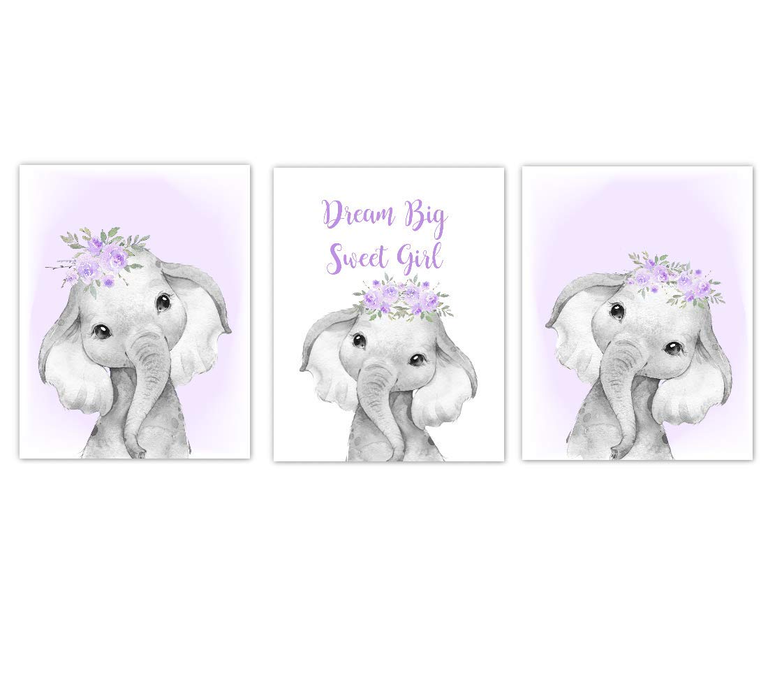 Purple Elephant Nursery Art - Dream Big Flowers Wall Decor for Baby Girl Room