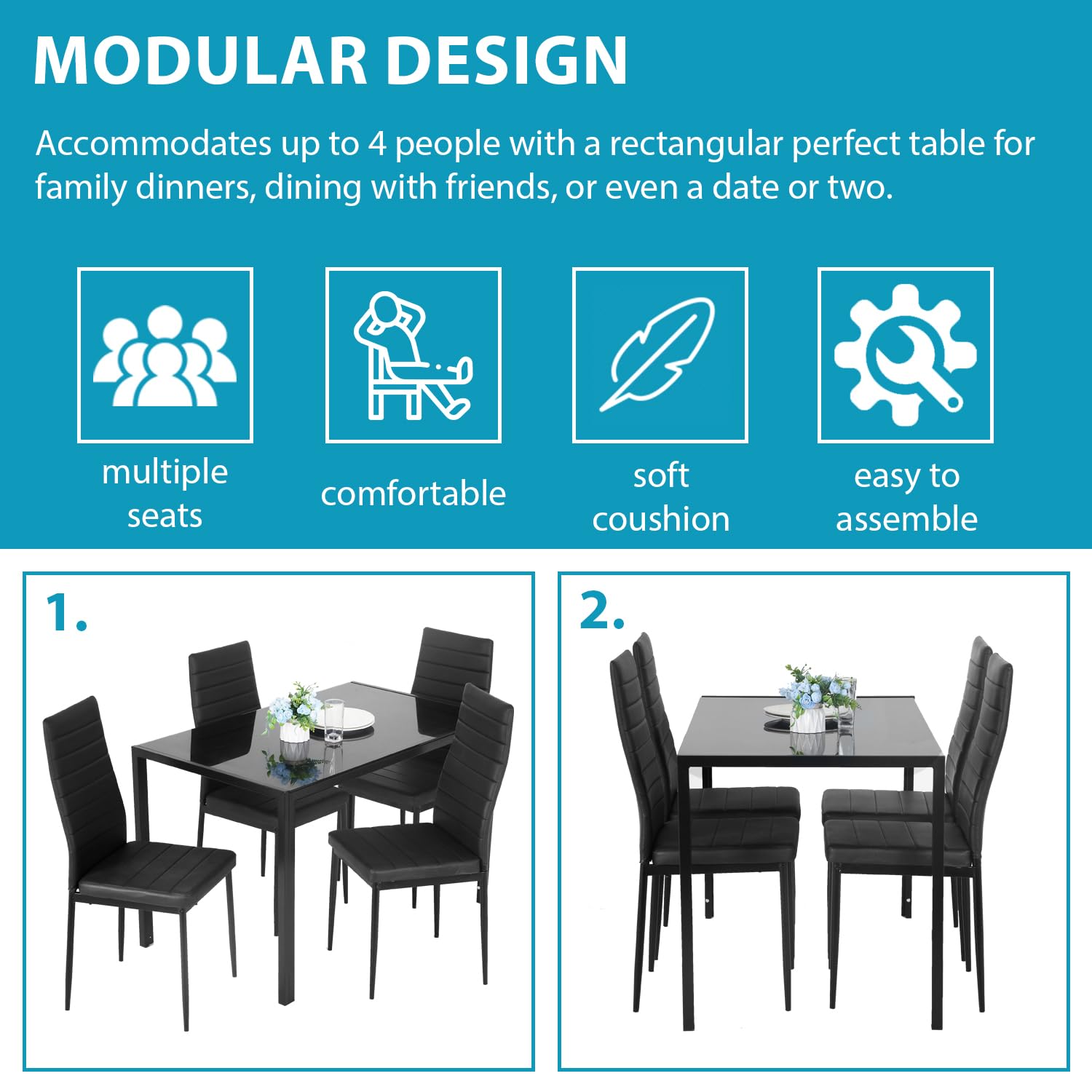 5-Piece Modern Black Glass Dining Table Set with 4 Chairs, Perfect for Family Dinners, Parties, and Everyday Kitchen Use