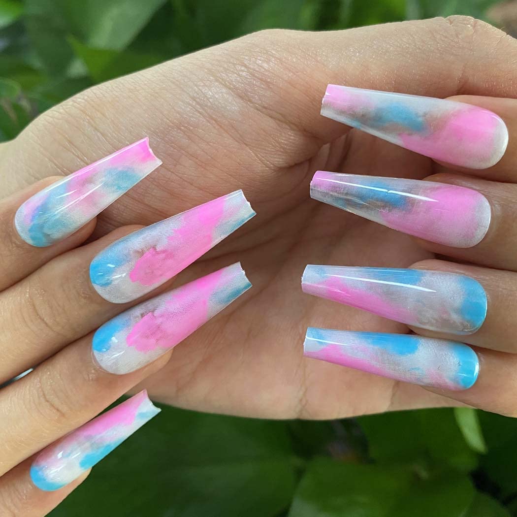 24Pcs Glossy Smoke Pattern Coffin Extra Long Press on Fake Nails - Ballerina Acrylic Super Long False Nails with Designer Full Cover - Artificial Nails for Women & Girls (Colorful) | Perfect for Parties, Weddings, and Special Occasions