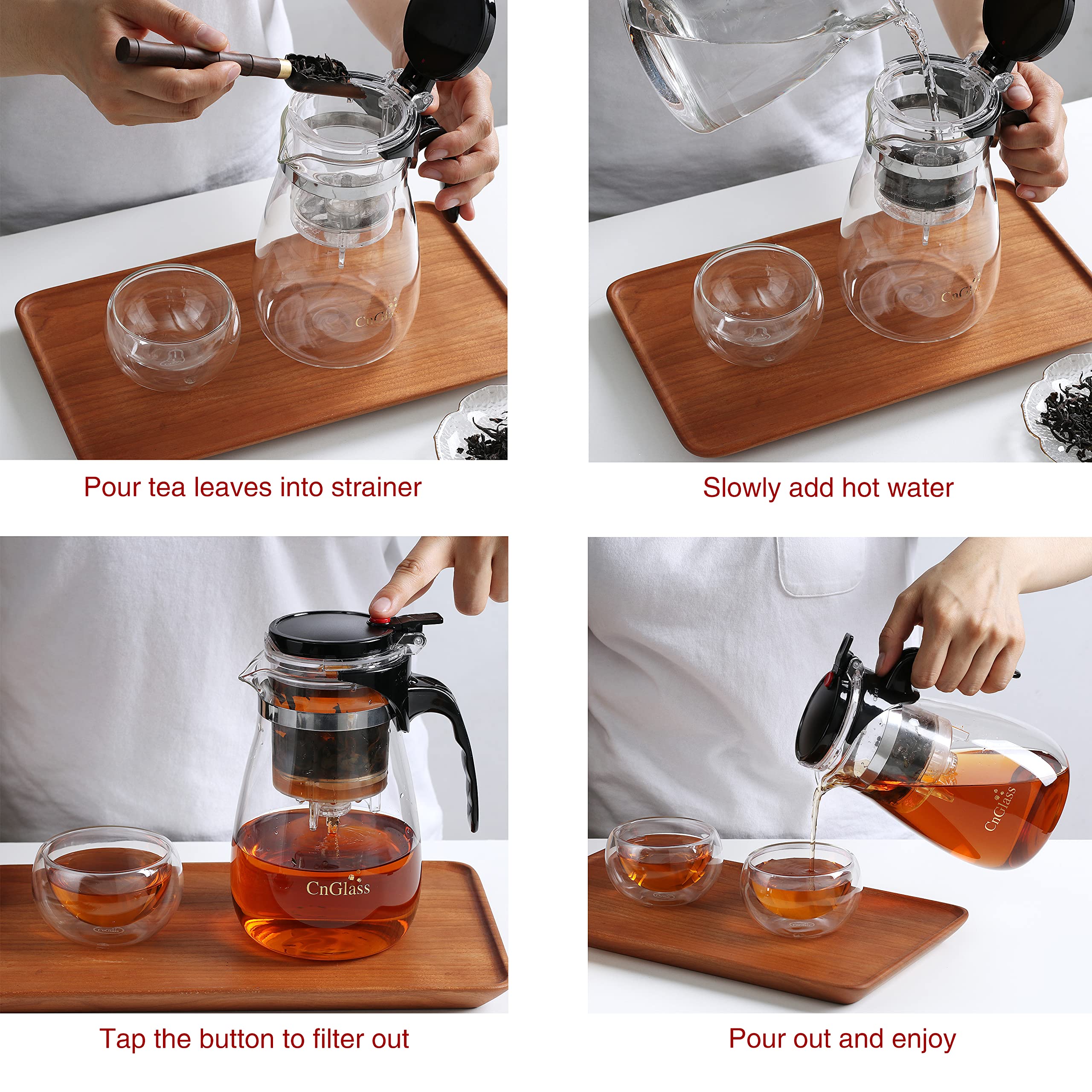 Premium Clear Glass Teapot with Removable Stainless Steel Infuser - 30.5oz Loose Leaf & Blooming Tea Maker - One-Touch Filter Button for Perfect Brewing - Ideal for Home, Office & Tea Ceremonies