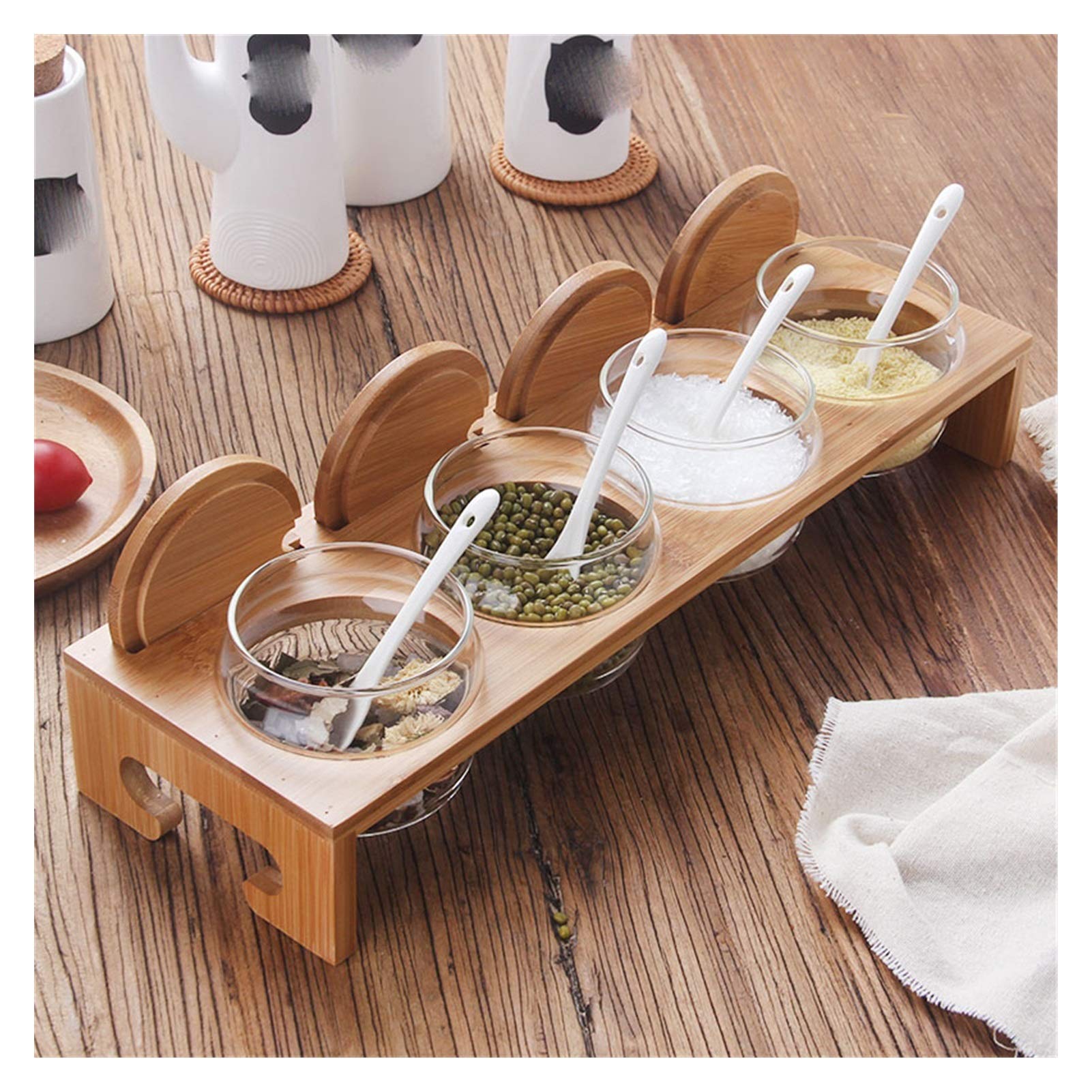 4-Piece Glass Condiment Jar Set with Spoons & Bamboo Lids - Airtight Spice Containers for Sugar, Salt, Coffee & Seasonings - Perfect for Kitchen Counter, Pantry & Dining Table Organization