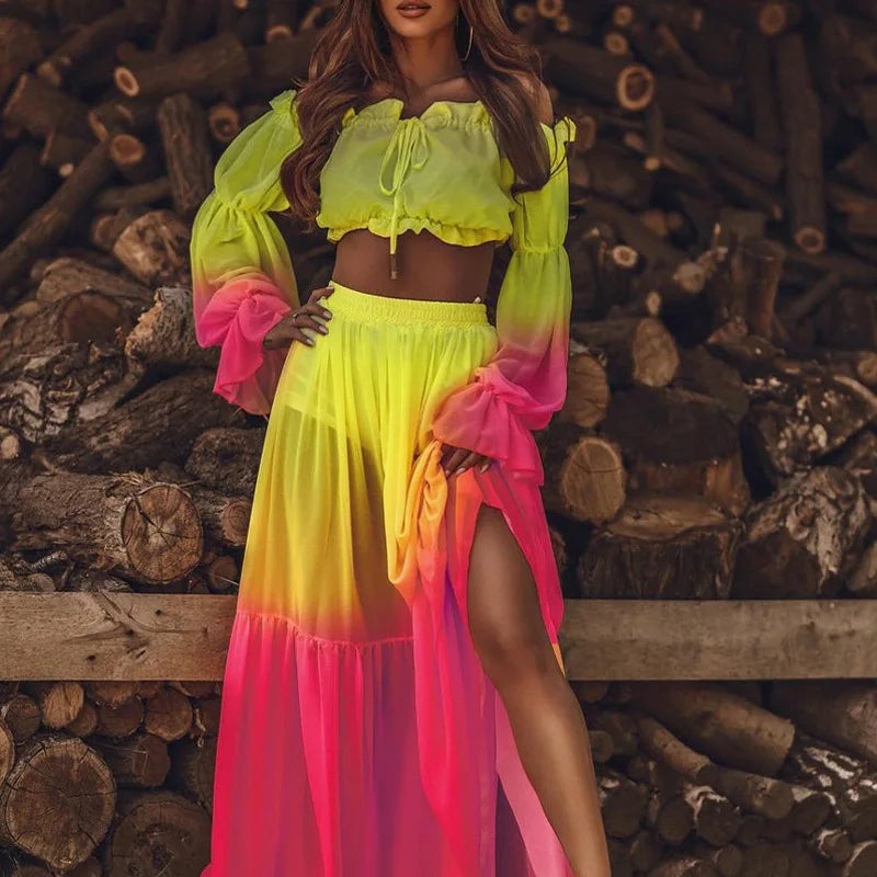 Elegant Vintage Print Off-Shoulder Ruffle Blouse & High Slit Long Skirt Women's Two-Piece Set - Autumn Chic Outfit for Date Night, Party & Special Occasions