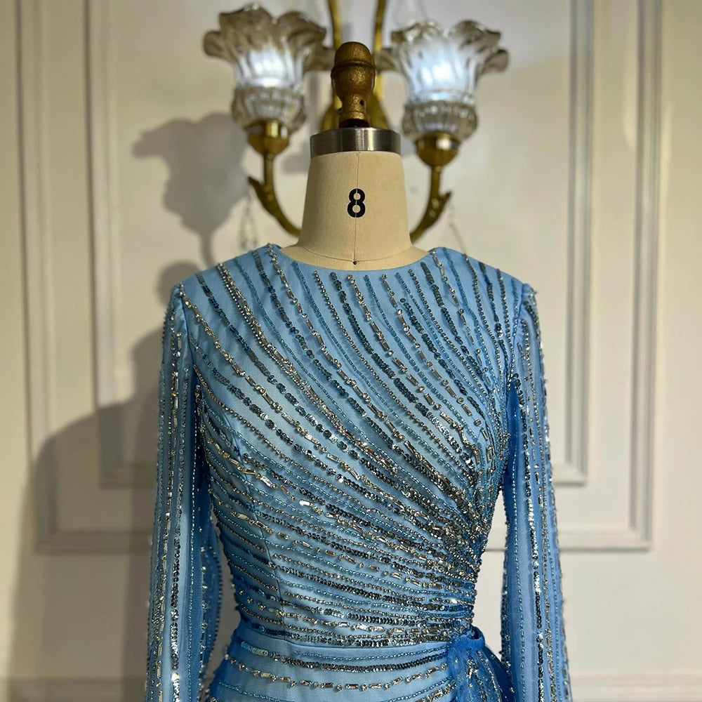 Luxury Dubai Arabic Elegant Blue Beaded Saudi Evening Gown for Women - Formal Occasion Abaya Dress LA72822 | Perfect for Weddings, Galas & Special Events